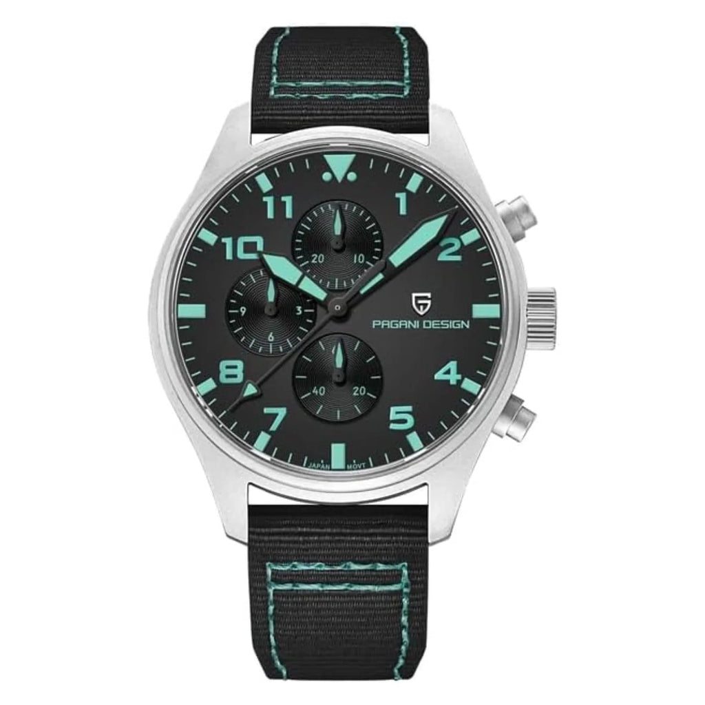 Pagani Design PD-1703 42MM Pilot Chronograph Men's with Seiko VK67 Quartz Watch with Crystal AR Coating - Black Dial With Black Nylon Strap - DREAM WATCHES
