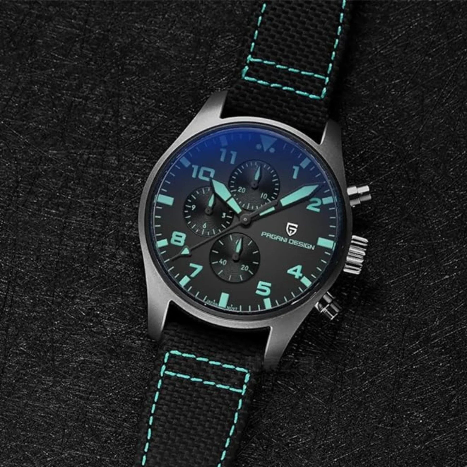 Pagani Design PD-1703 42MM Pilot Chronograph Men's with Seiko VK67 Quartz Watch with Crystal AR Coating - Black Dial With Black Nylon Strap - DREAM WATCHES