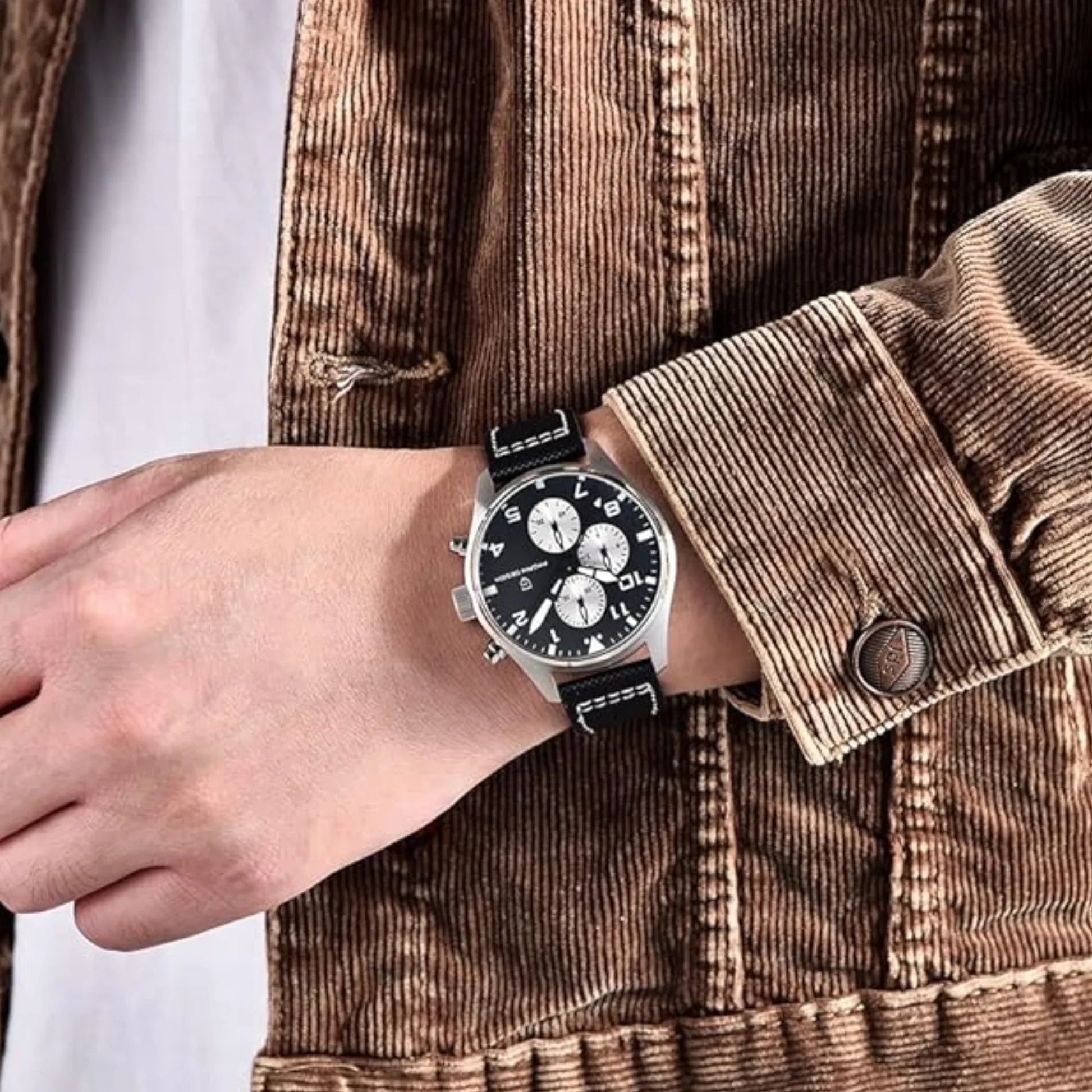 Pagani Design PD-1703 42MM Pilot Chronograph Men's with Seiko VK67 Quartz Watch with Crystal AR Coating - Black Dial With Black Nylon Strap - DREAM WATCHES