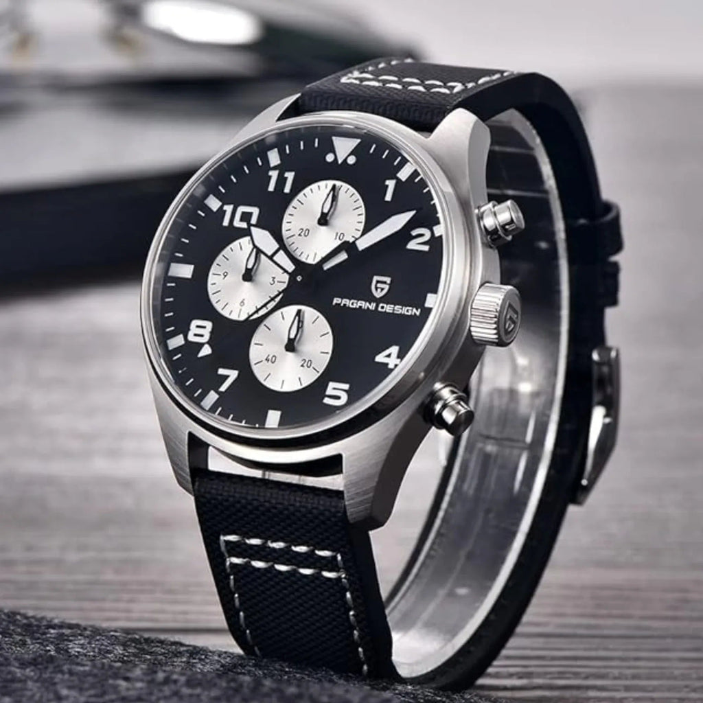 Pagani Design PD-1703 42MM Pilot Chronograph Men's with Seiko VK67 Quartz Watch with Crystal AR Coating - Black Dial With Black Nylon Strap - DREAM WATCHES