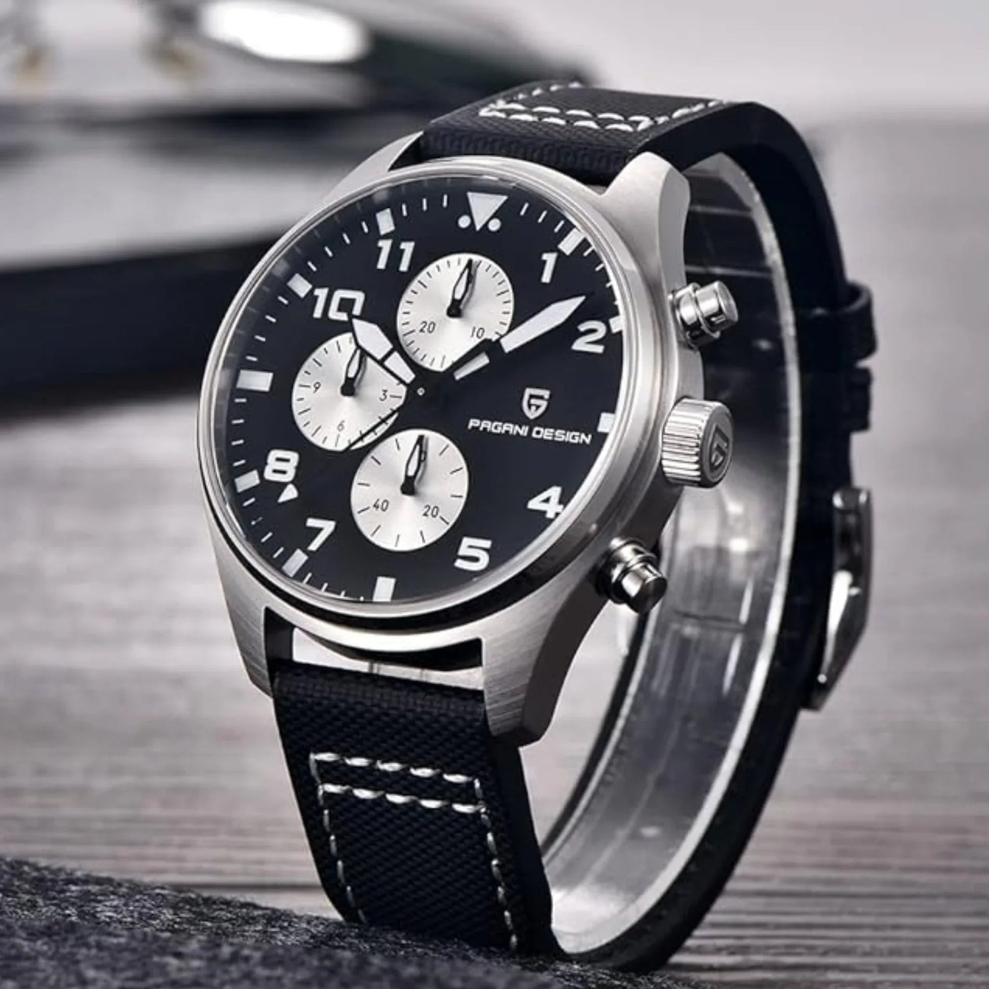 Pagani Design PD-1703 42MM Pilot Chronograph Men's with Seiko VK67 Quartz Watch with Crystal AR Coating - Black Dial With Black Nylon Strap - DREAM WATCHES