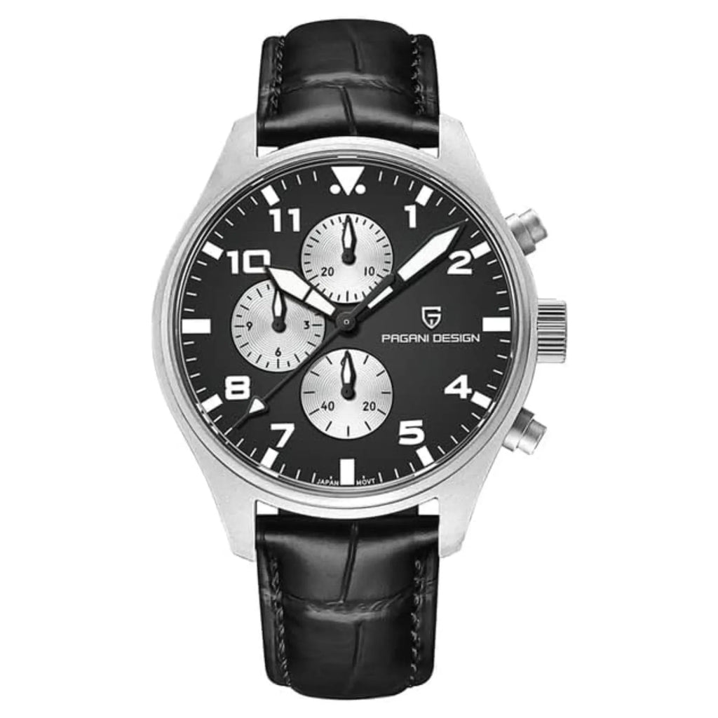 Pagani Design PD-1703 42MM Pilot Chronograph Men's with Seiko VK67 Quartz Watch with Crystal AR Coating - Black Dial With Leather Strap - DREAM WATCHES