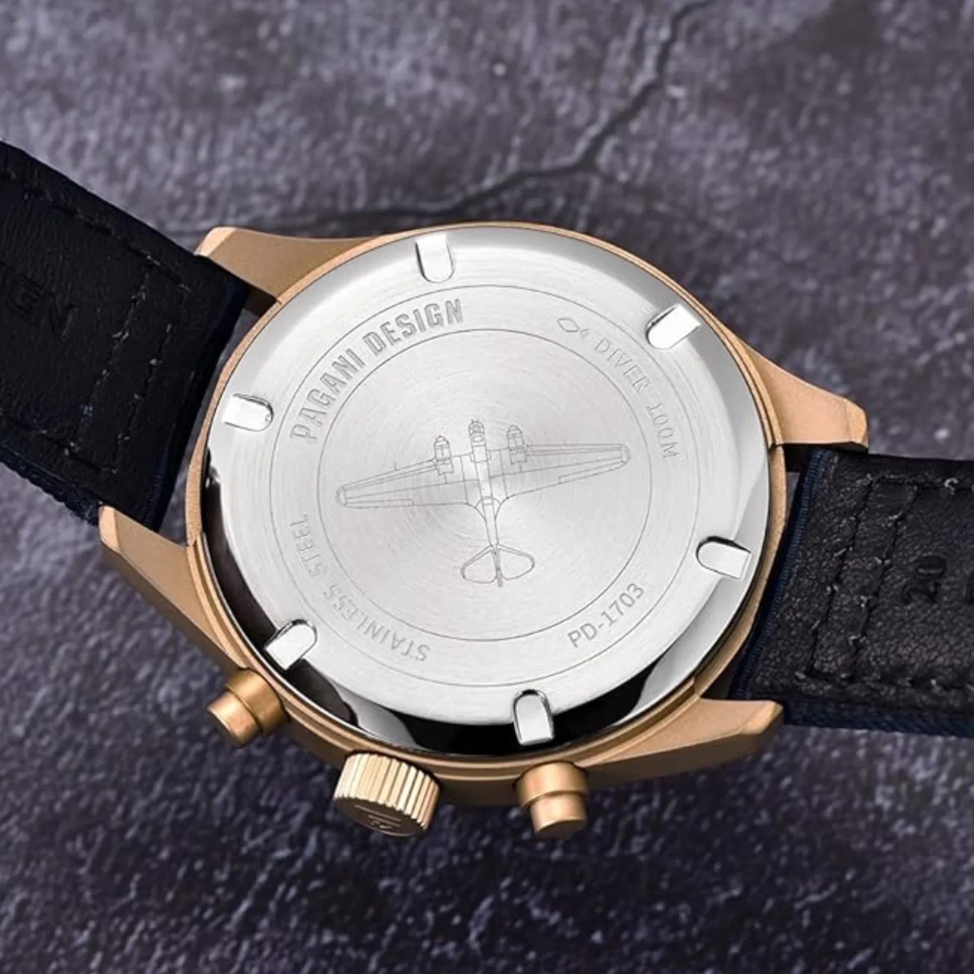 Pagani Design PD-1703 42MM Pilot Chronograph Men's with Seiko VK67 Quartz Watch with Crystal AR Coating - Black Dial With Leather Strap - DREAM WATCHES