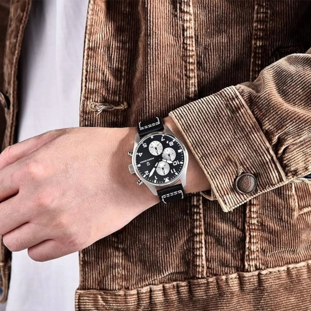 Pagani Design PD-1703 42MM Pilot Chronograph Men's with Seiko VK67 Quartz Watch with Crystal AR Coating - Black Dial With Leather Strap - DREAM WATCHES