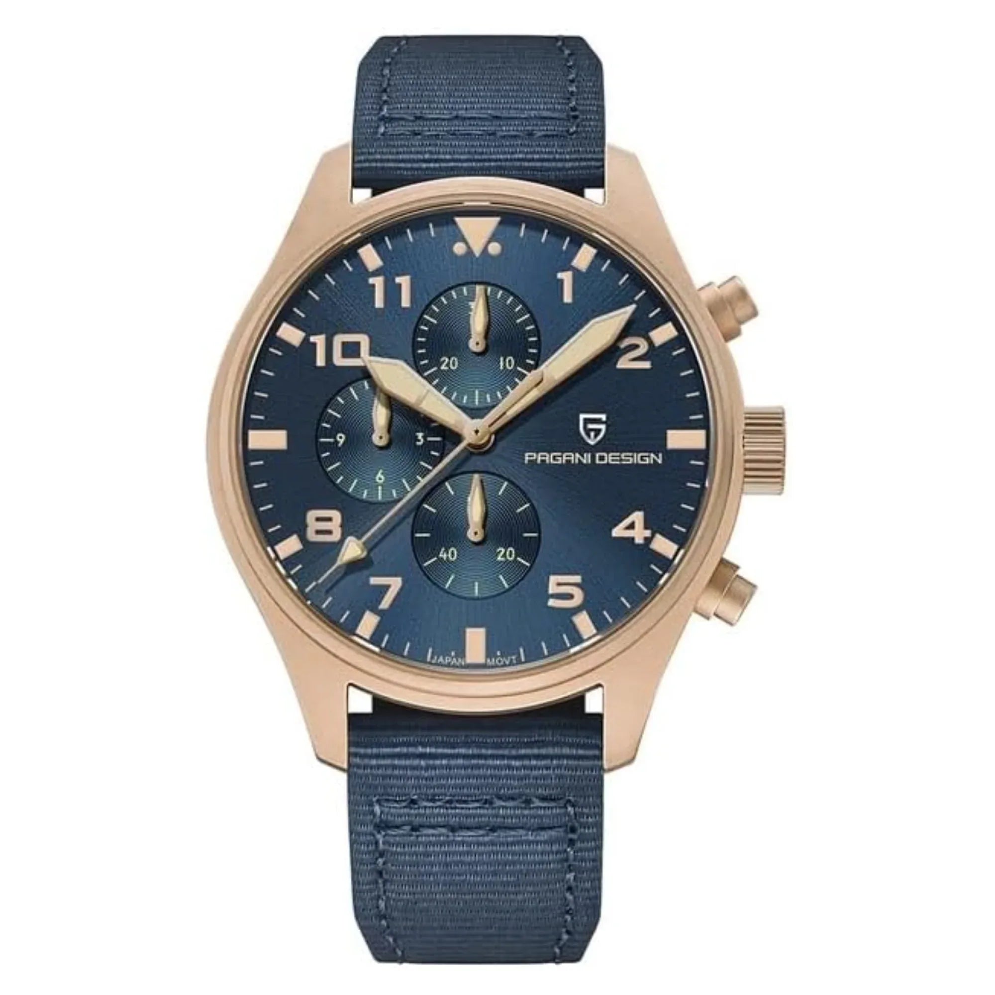 Pagani Design PD-1703 42MM Pilot Chronograph Men's with Seiko VK67 Quartz Watch with Crystal AR Coating - Blue Dial With Blue Nylon Strap - DREAM WATCHES