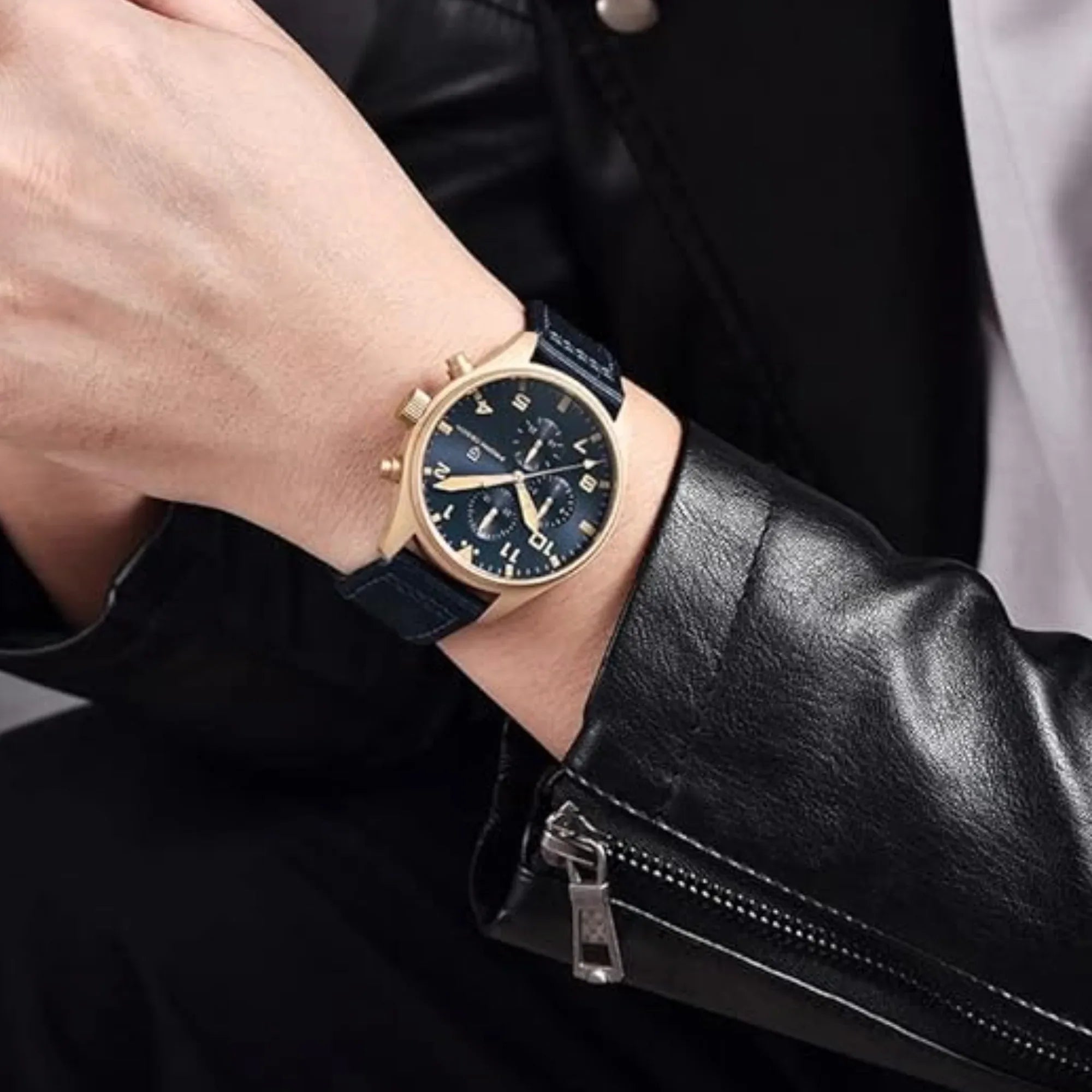 Pagani Design PD-1703 42MM Pilot Chronograph Men's with Seiko VK67 Quartz Watch with Crystal AR Coating - Blue Dial With Leather Strap - DREAM WATCHES