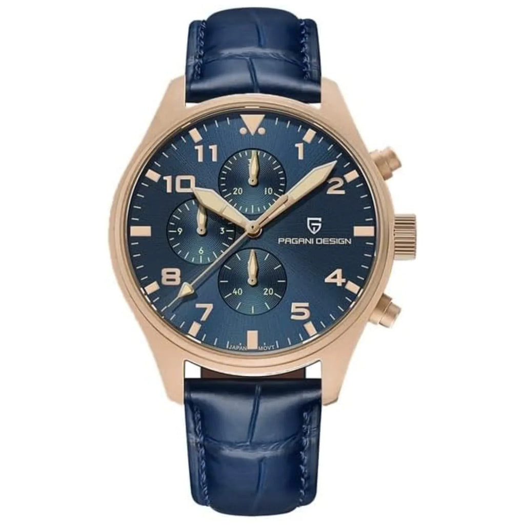 Pagani Design PD-1703 42MM Pilot Chronograph Men's with Seiko VK67 Quartz Watch with Crystal AR Coating - Blue Dial With Leather Strap - DREAM WATCHES