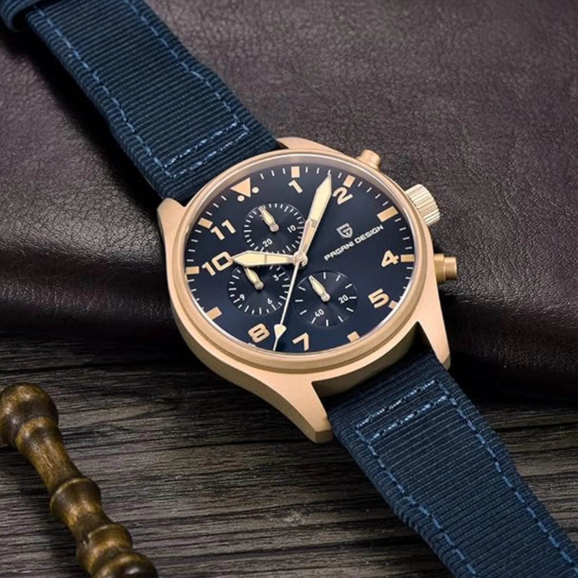 Pagani Design PD-1703 42MM Pilot Chronograph Men's with Seiko VK67 Quartz Watch with Crystal AR Coating - Blue Dial With Leather Strap - DREAM WATCHES