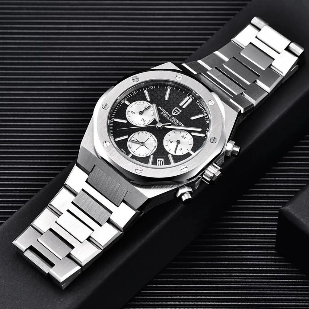 Pagani Design PD-1707 Royal Oak Men's 40mm Seiko VK63 Movement Watch 100M Waterproof Sapphire Crystal Stainless Steel Luminous Watch - Black Dial - DREAM WATCHES
