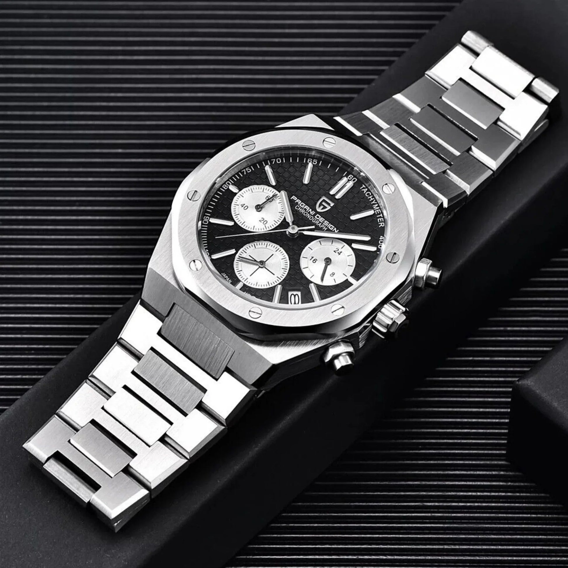 Pagani Design PD-1707 Royal Oak Men's 40mm Seiko VK63 Movement Watch 100M Waterproof Sapphire Crystal Stainless Steel Luminous Watch - Black Dial - DREAM WATCHES
