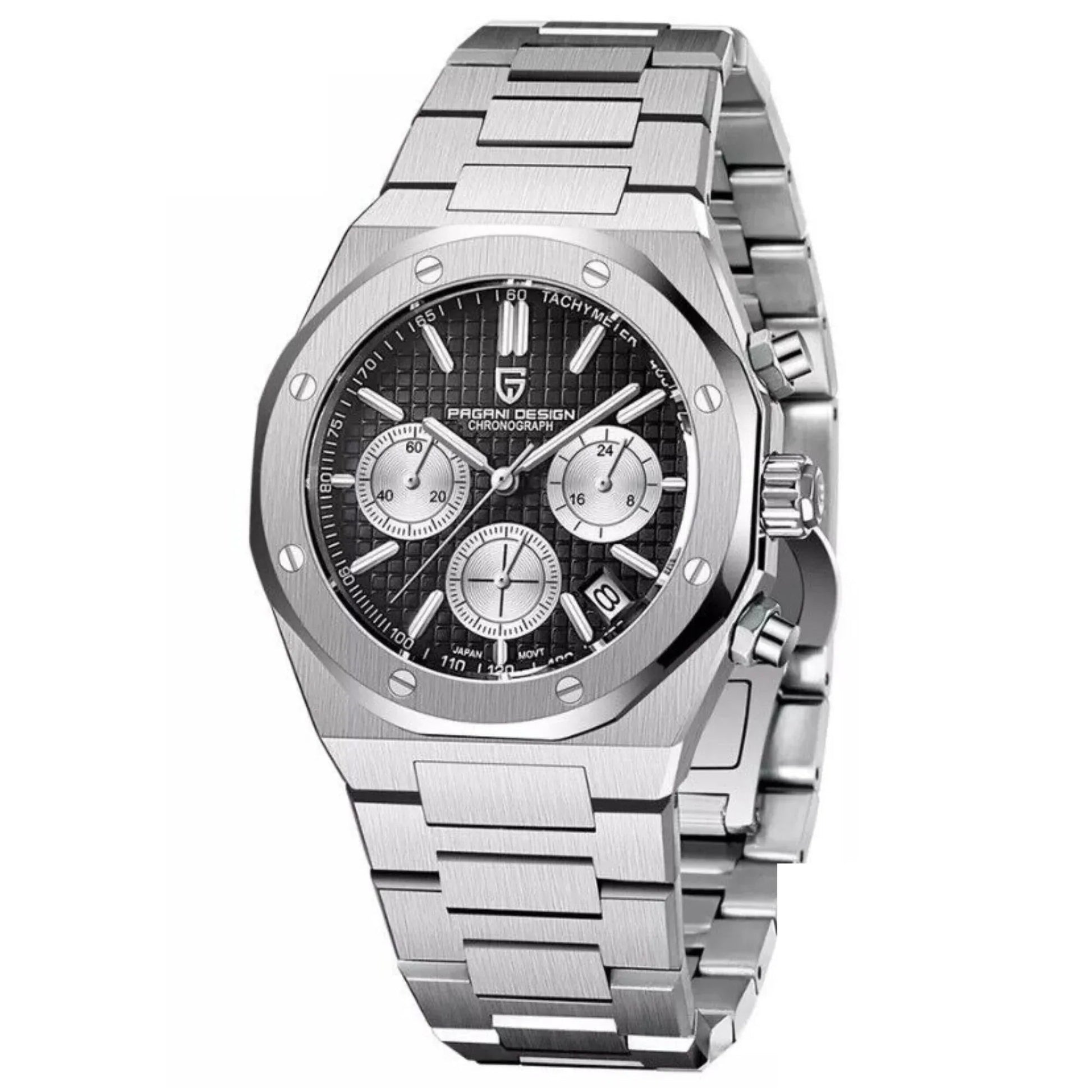 Pagani Design PD-1707 Royal Oak Men's 40mm Seiko VK63 Movement Watch 100M Waterproof Sapphire Crystal Stainless Steel Luminous Watch - Black Dial - DREAM WATCHES