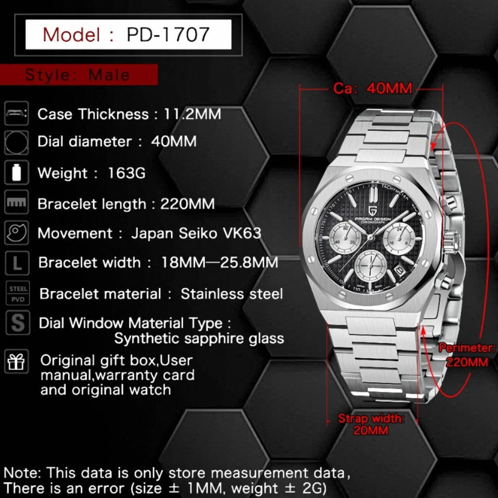 Pagani Design PD-1707 Royal Oak Men's 40mm Seiko VK63 Movement Watch 100M Waterproof Sapphire Crystal Stainless Steel Luminous Watch - Black Dial - DREAM WATCHES