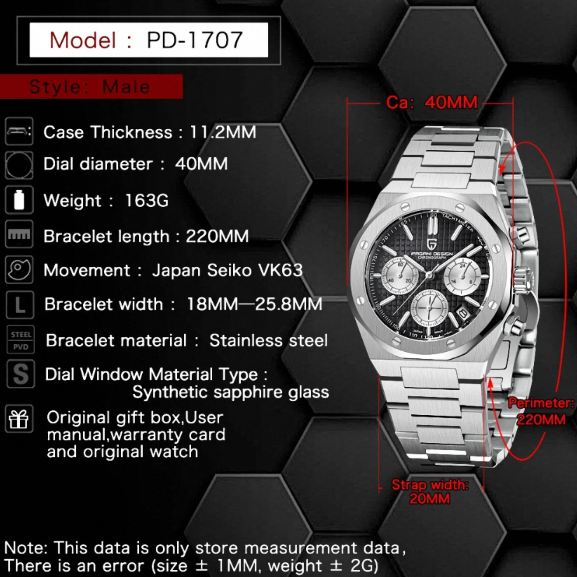Pagani Design PD-1707 Royal Oak Men's 40mm Seiko VK63 Movement Watch 100M Waterproof Sapphire Crystal Stainless Steel Luminous Watch - Black Dial - DREAM WATCHES