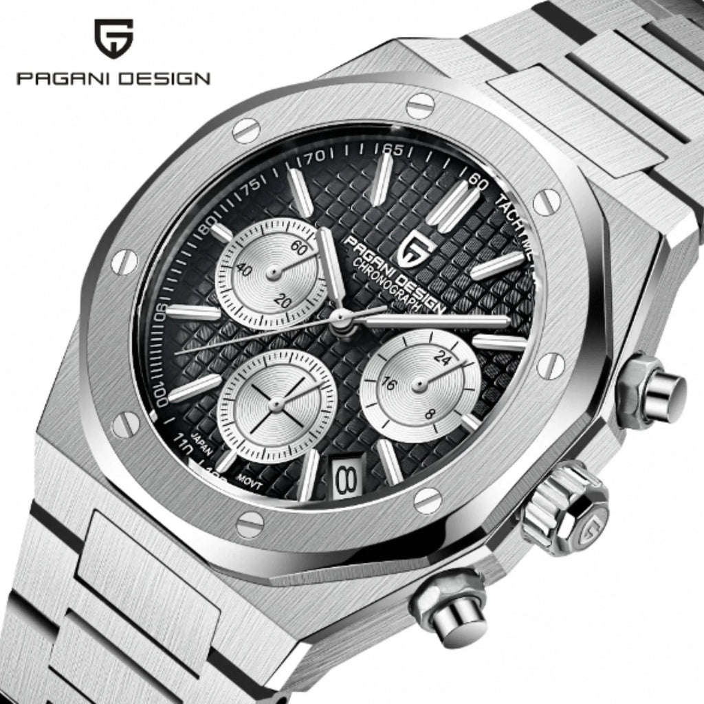 Pagani Design PD-1707 Royal Oak Men's 40mm Seiko VK63 Movement Watch 100M Waterproof Sapphire Crystal Stainless Steel Luminous Watch - Black Dial - DREAM WATCHES