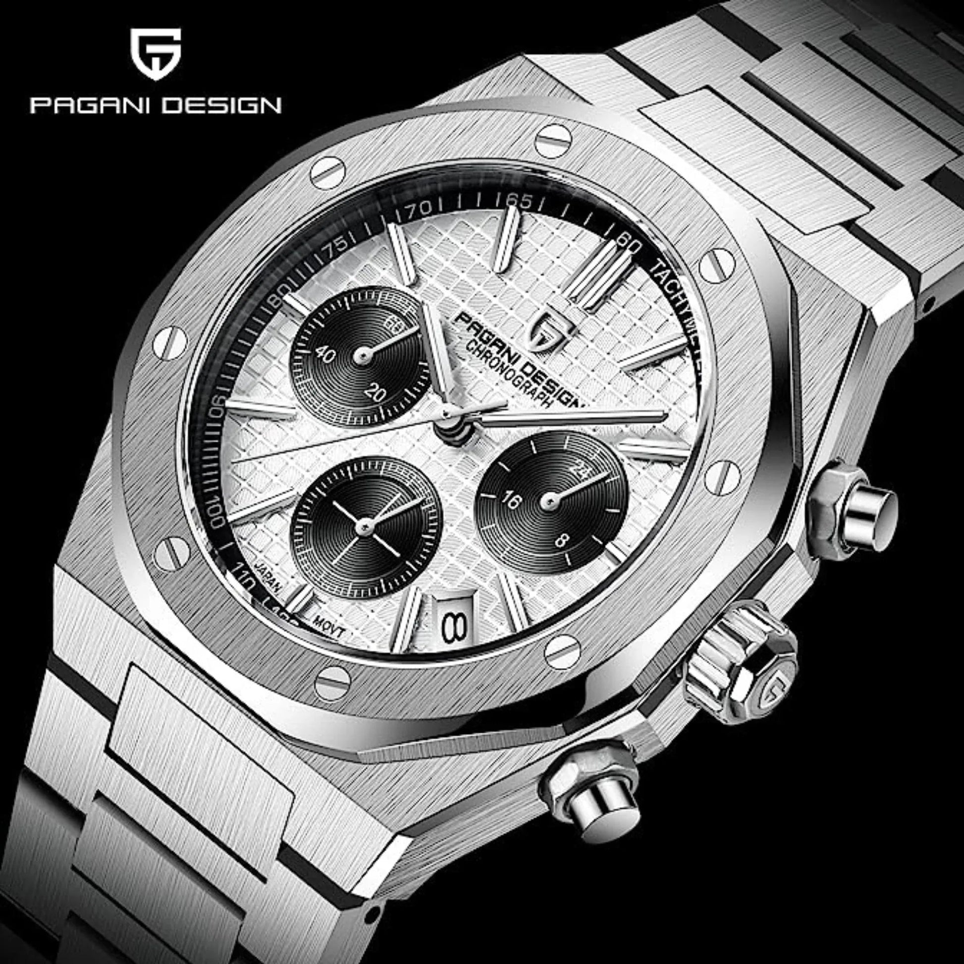 Pagani Design PD-1707 Royal Oak Men's 40mm Seiko VK63 Movement Watch 100M Waterproof Sapphire Crystal Stainless Steel Luminous Watch - White Dial - DREAM WATCHES