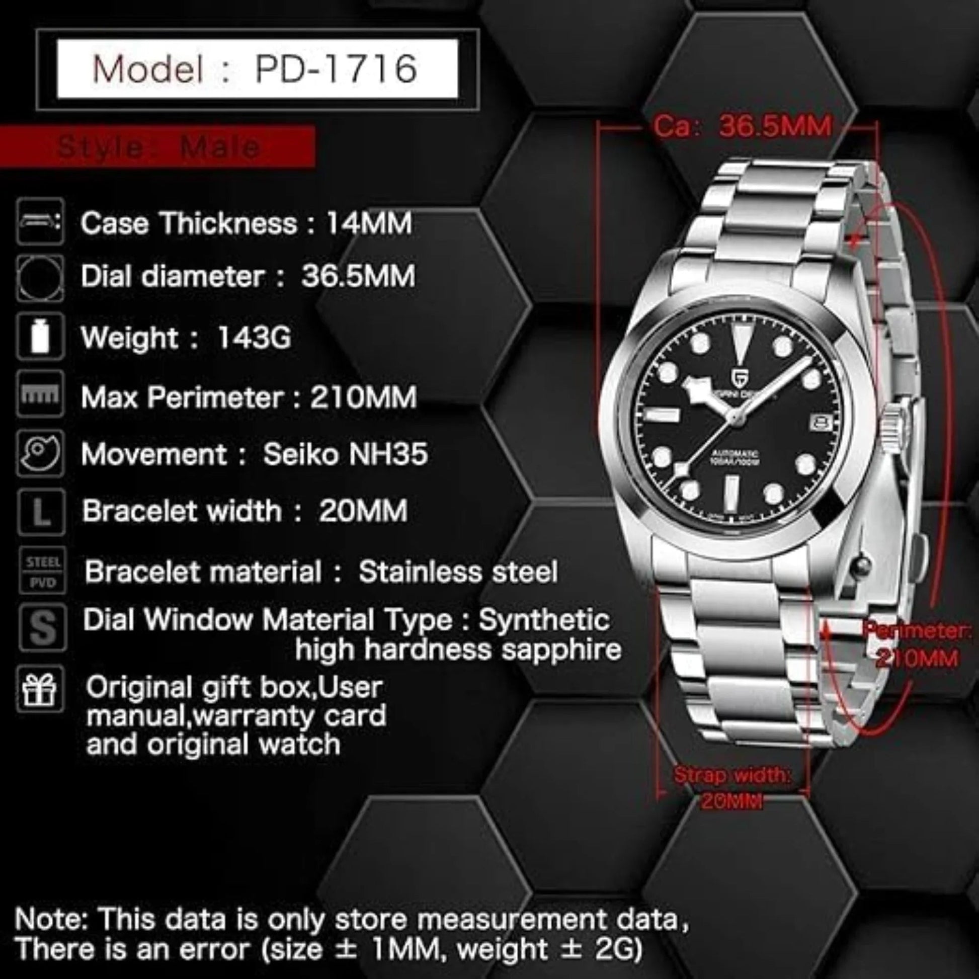 Pagani Design PD-1716 36MM Snowflake Hands with Seiko NH35 Automatic Movement - Black Dial - DREAM WATCHES