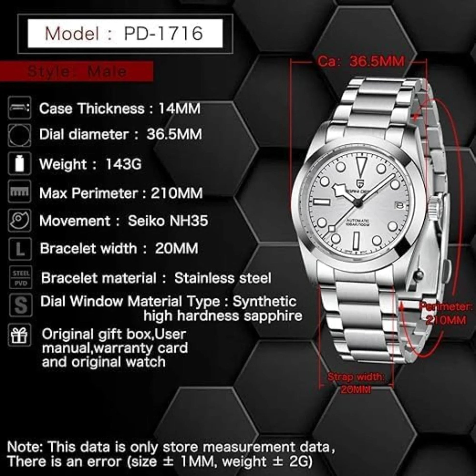 Pagani Design PD-1716 36MM Snowflake Hands with Seiko NH35 Automatic Movement - Silver Dial - DREAM WATCHES