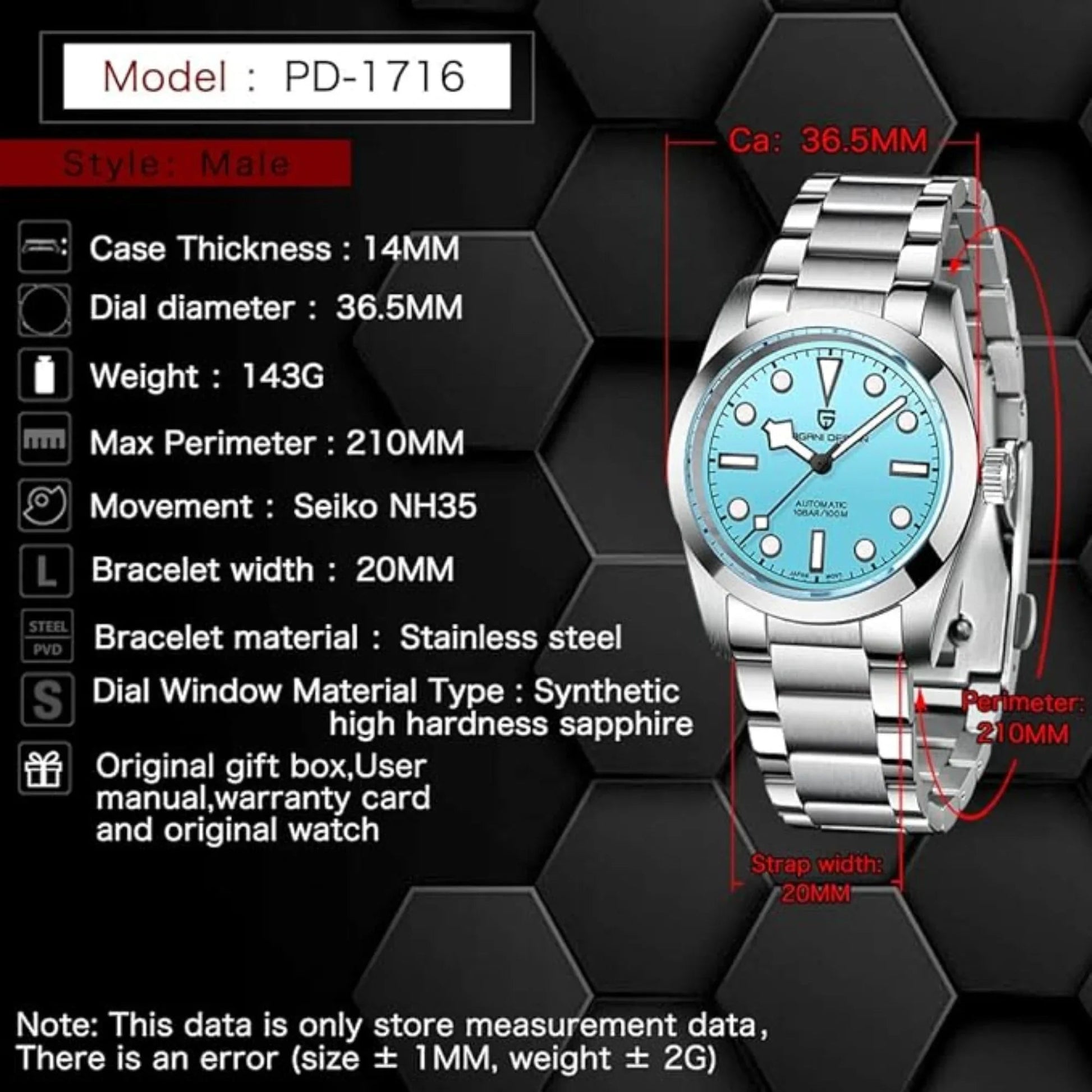 Pagani Design PD-1716 36MM Snowflake Hands with Seiko NH35 Automatic Movement - Sky-Blue Dial - DREAM WATCHES