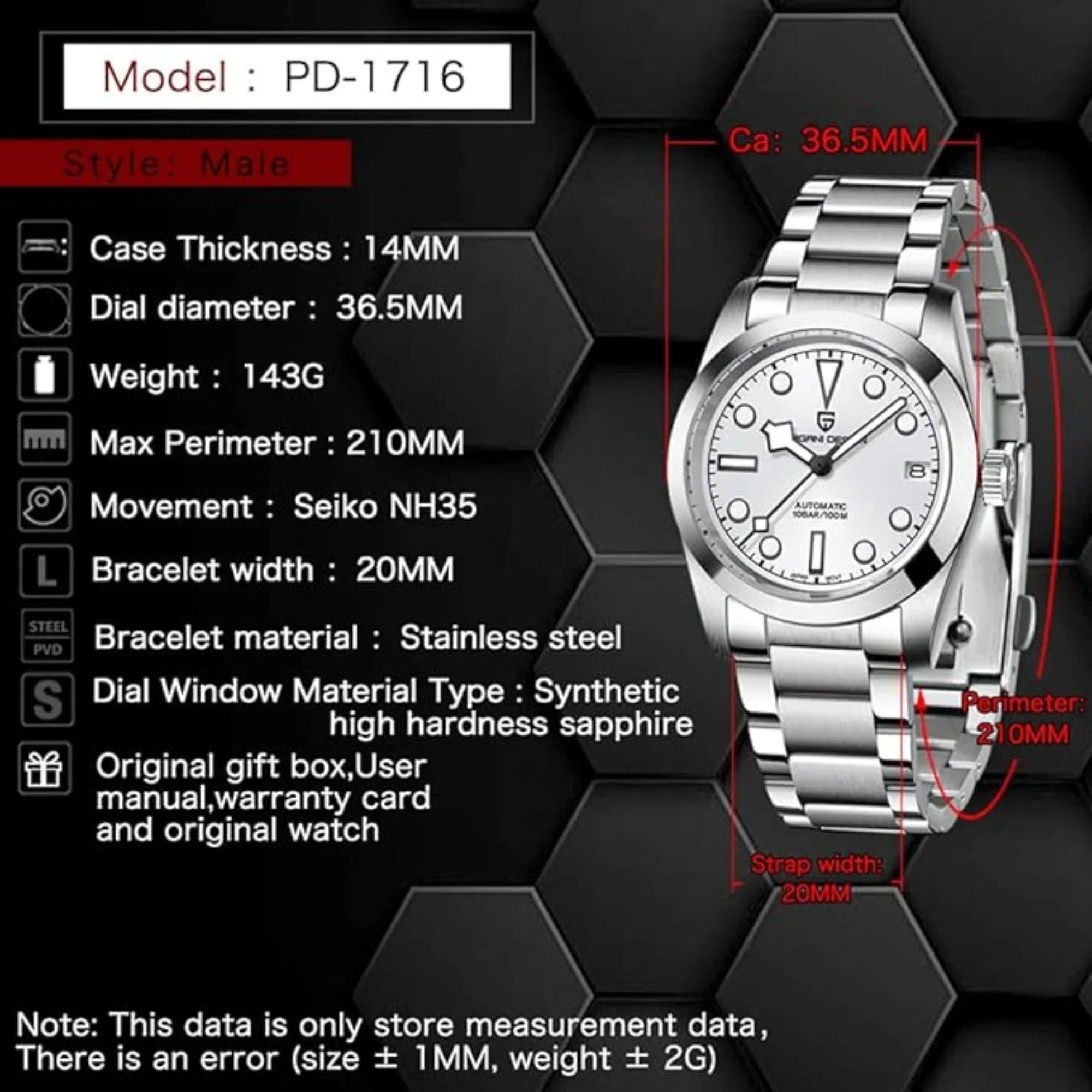 Pagani Design PD-1716 36MM Snowflake Hands with Seiko NH35 Automatic Movement - White Dial - DREAM WATCHES