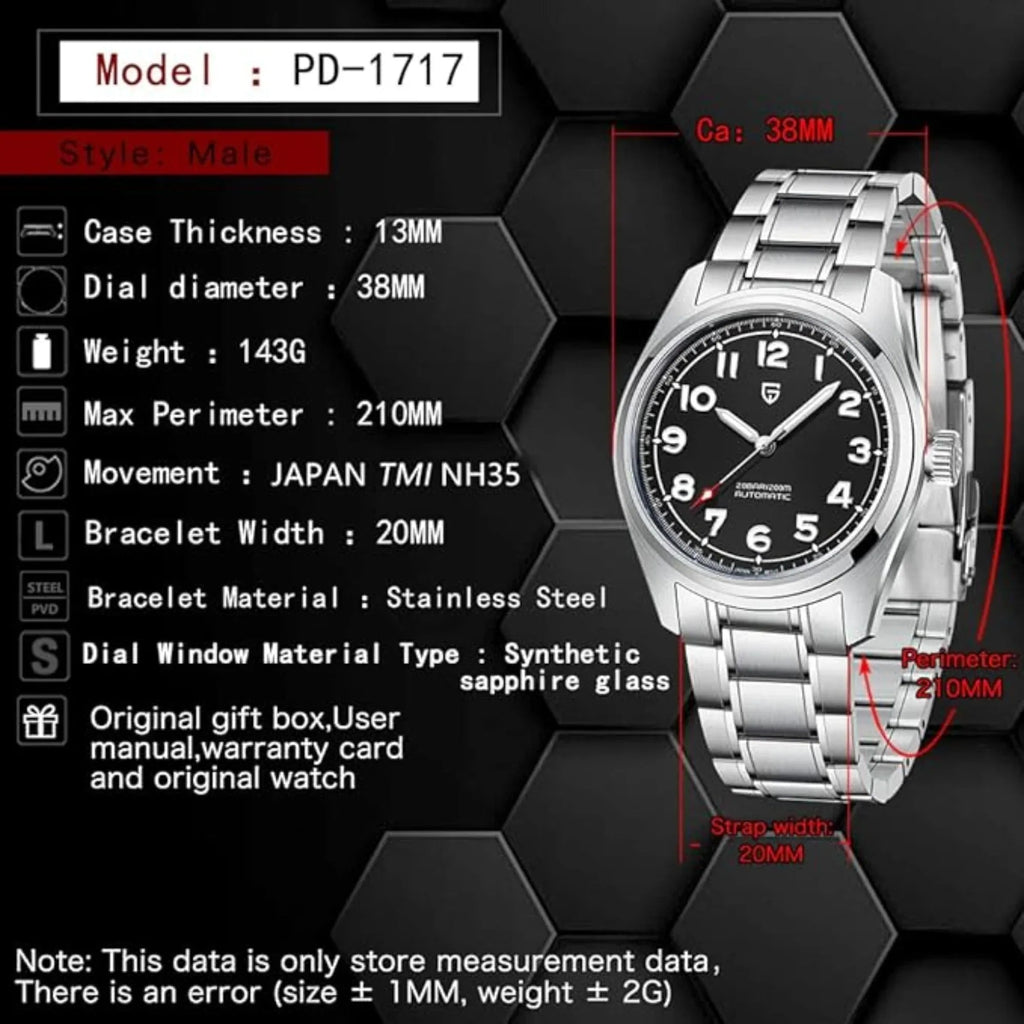 Pagani Design PD-1717 38 MM (Japan NH35A Automatic Movement) AR Coating Mechanical Watch Stainless Steel Watch Spirit Pilot Homage V2- Black - DREAM WATCHES