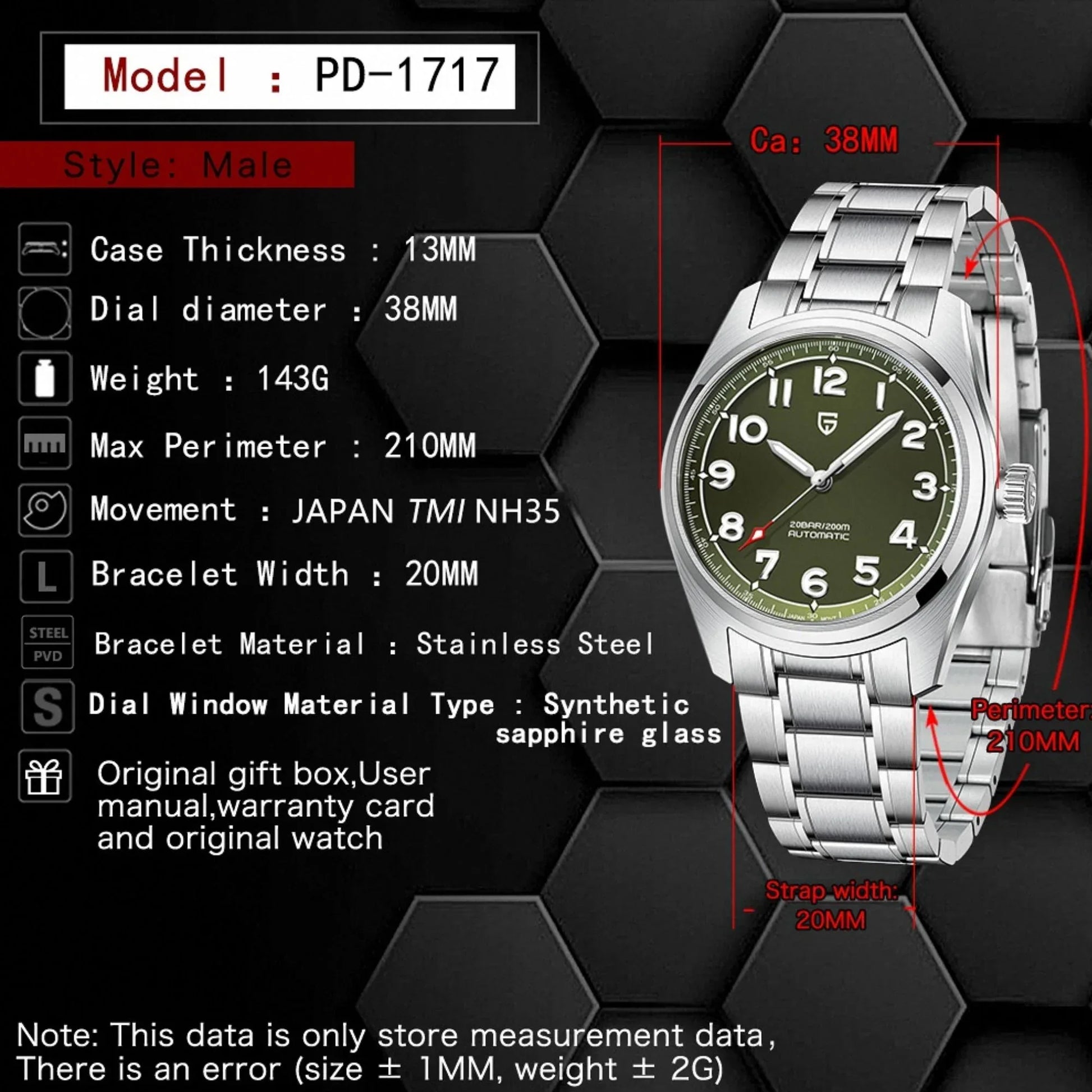 Pagani Design PD-1717 V2 Spirit Pilot 38MM 200M Waterproof Japan Automatic Mechanical Watch Sapphire Crystal Luminous Stainless Steel - DREAM WATCHES