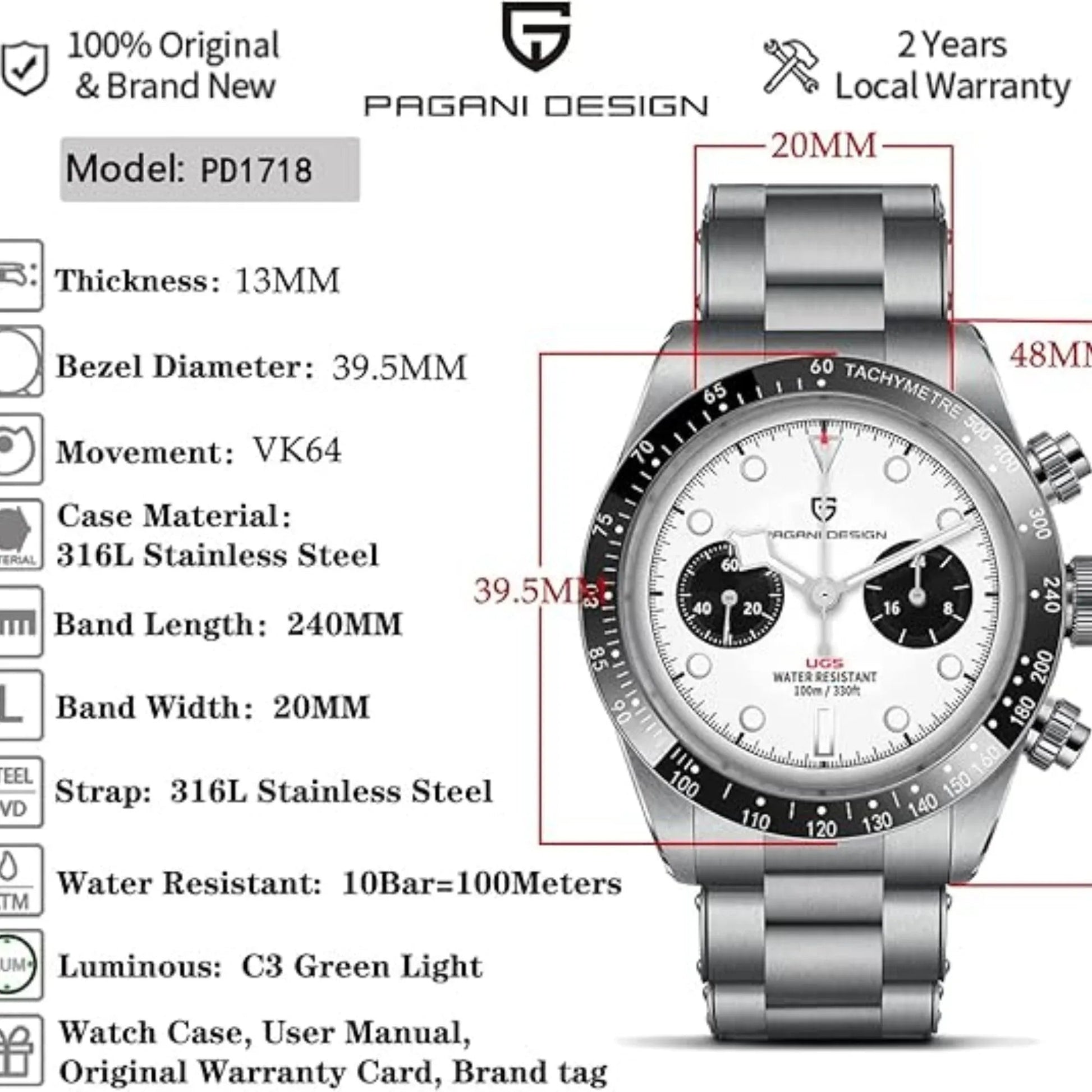 Pagani Design PD-1718 Chrono Panda Men's 39.5MM 100M Waterproof Chronograph Japanese VK64 Meca-Quartz Movement - Blue Dial - DREAM WATCHES