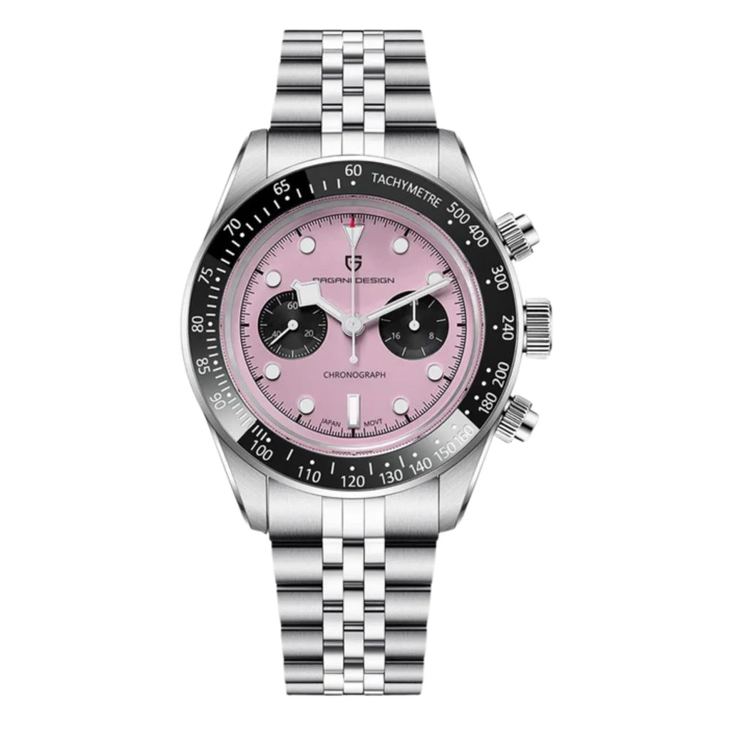 Pagani Design PD-1718 Chrono Panda Men's 39.5MM 100M Waterproof Chronograph Japanese VK64 Meca-Quartz Movement - Pink Dial - DREAM WATCHES