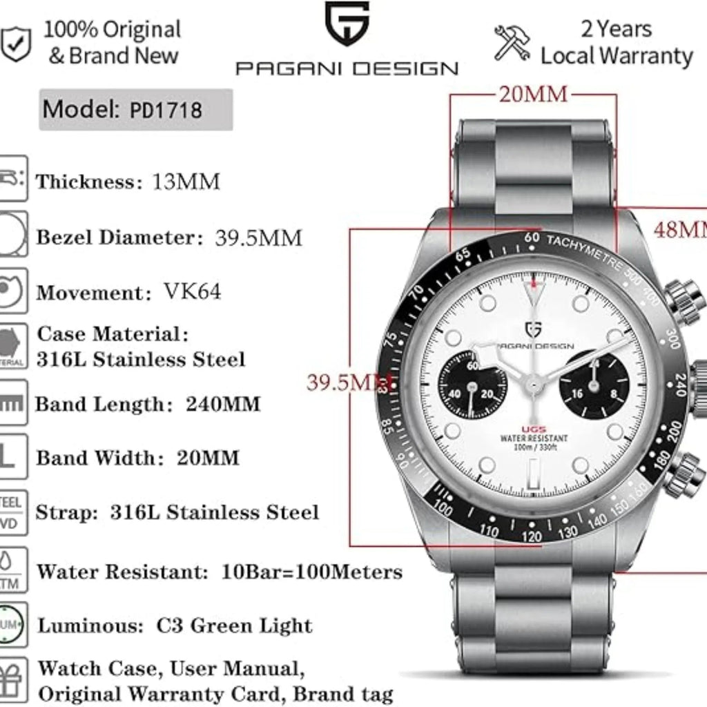 Pagani Design PD-1718 Chrono Panda Men's 39.5MM 100M Waterproof Chronograph Japanese VK64 Meca-Quartz Movement - Pink Dial - DREAM WATCHES