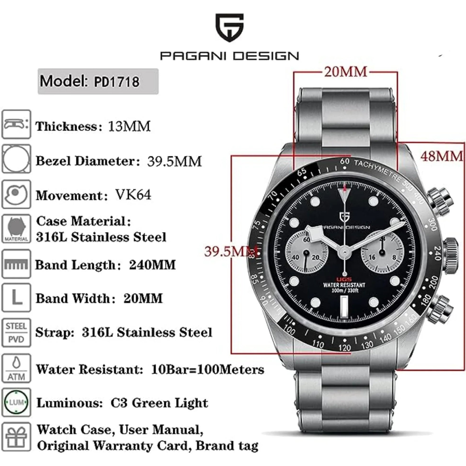 Pagani Design PD-1718 Panda Dial Men's Chronograph Watches Japan VK64 Movement Stainless Steel 100M Waterproof Men Fashion Casual Watch - Black Dial - DREAM WATCHES