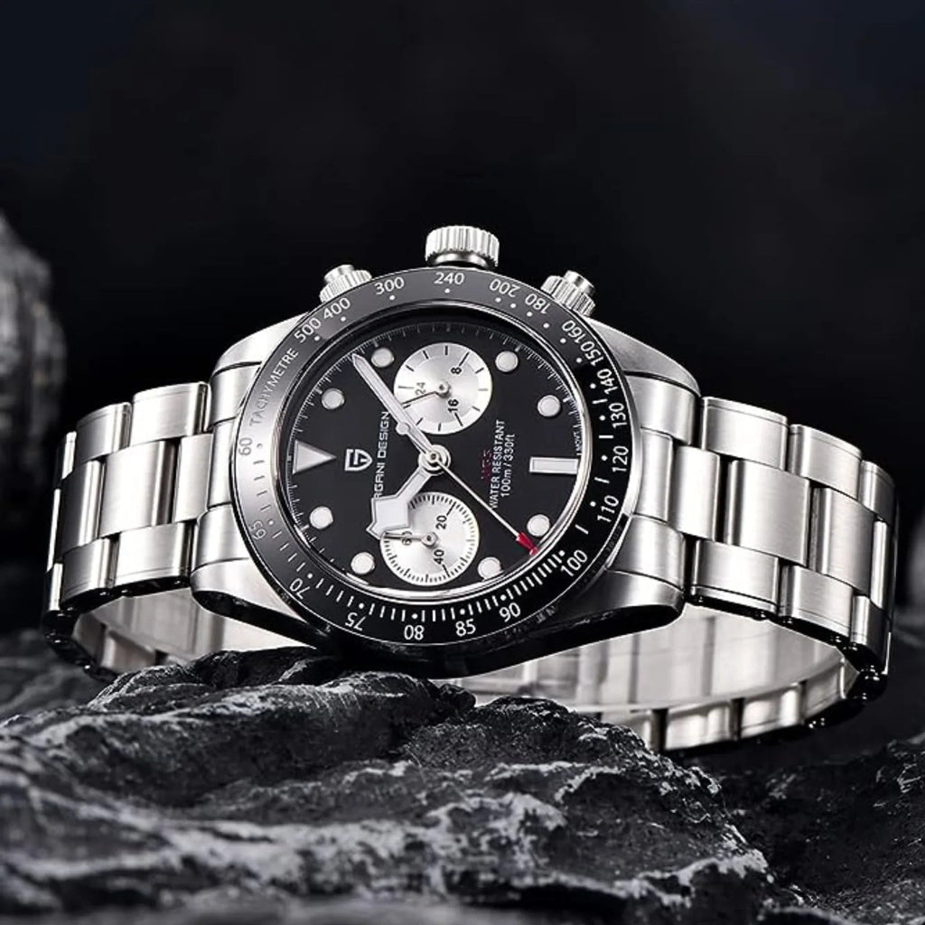 Pagani Design PD-1718 Panda Dial Men's Chronograph Watches Japan VK64 Movement Stainless Steel 100M Waterproof Men Fashion Casual Watch - Black Dial - DREAM WATCHES