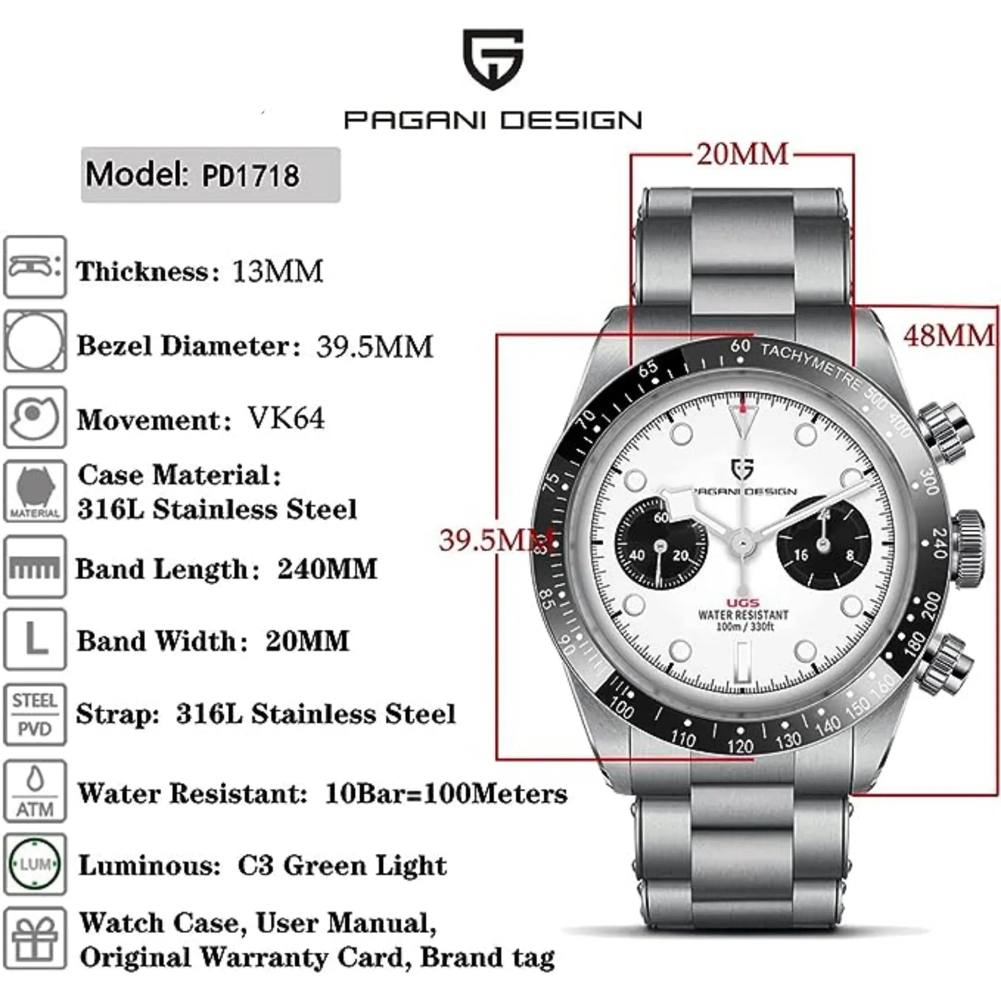 Pagani Design PD-1718 Panda Dial Men's Chronograph Watches Japan VK64 Movement Stainless Steel 100M Waterproof Men Fashion Casual Watch - White Dial - DREAM WATCHES
