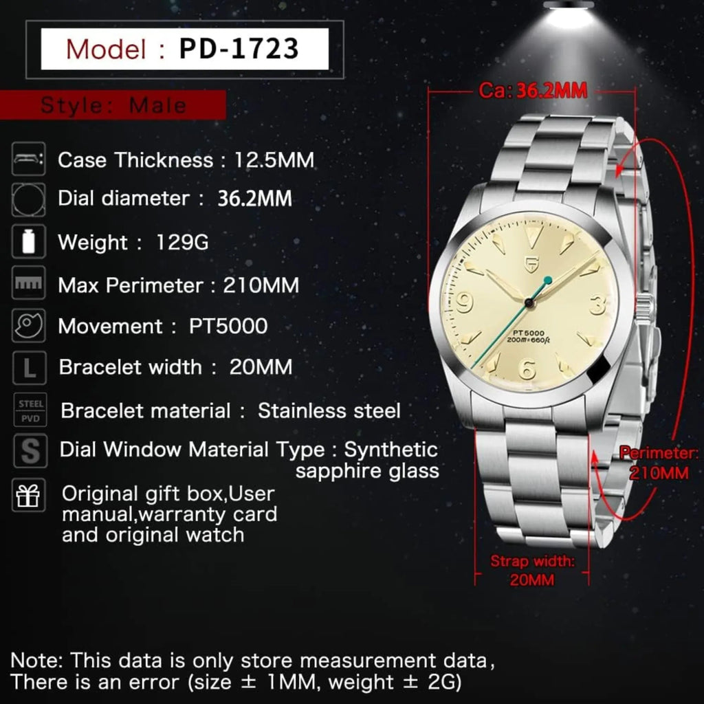 Pagani Design PD-1723 Air King 36 mm 200 m Waterproof PT5000 Automatic Mechanical Watch AR Sapphire crystal Luminous Stainless steel Business Watch - Salmon - DREAM WATCHES