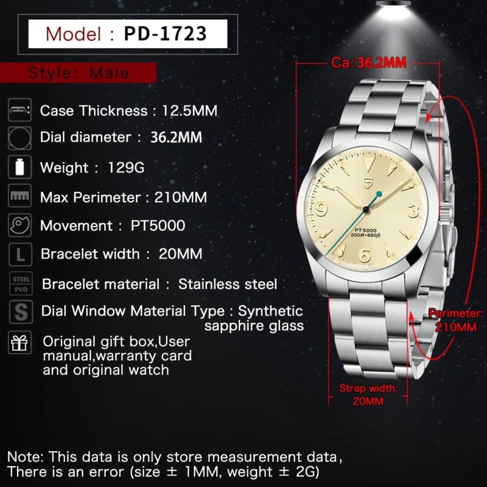 Pagani Design PD-1723 Air King 36 mm 200 m Waterproof PT5000 Automatic Mechanical Watch AR Sapphire crystal Luminous Stainless steel Business Watch - Salmon - DREAM WATCHES