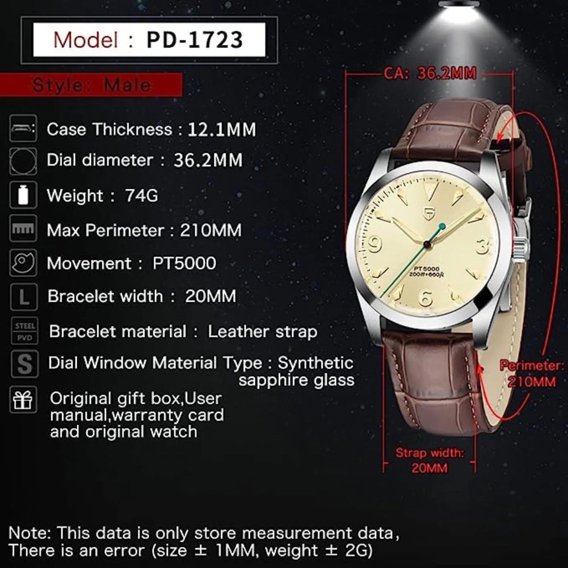 Pagani Design PD-1723 Air King 36 mm 200 m Waterproof PT5000 Automatic Mechanical Watch AR Sapphire crystal Luminous Stainless steel Business Watch - Salmon Dial with Leather Strap - DREAM WATCHES
