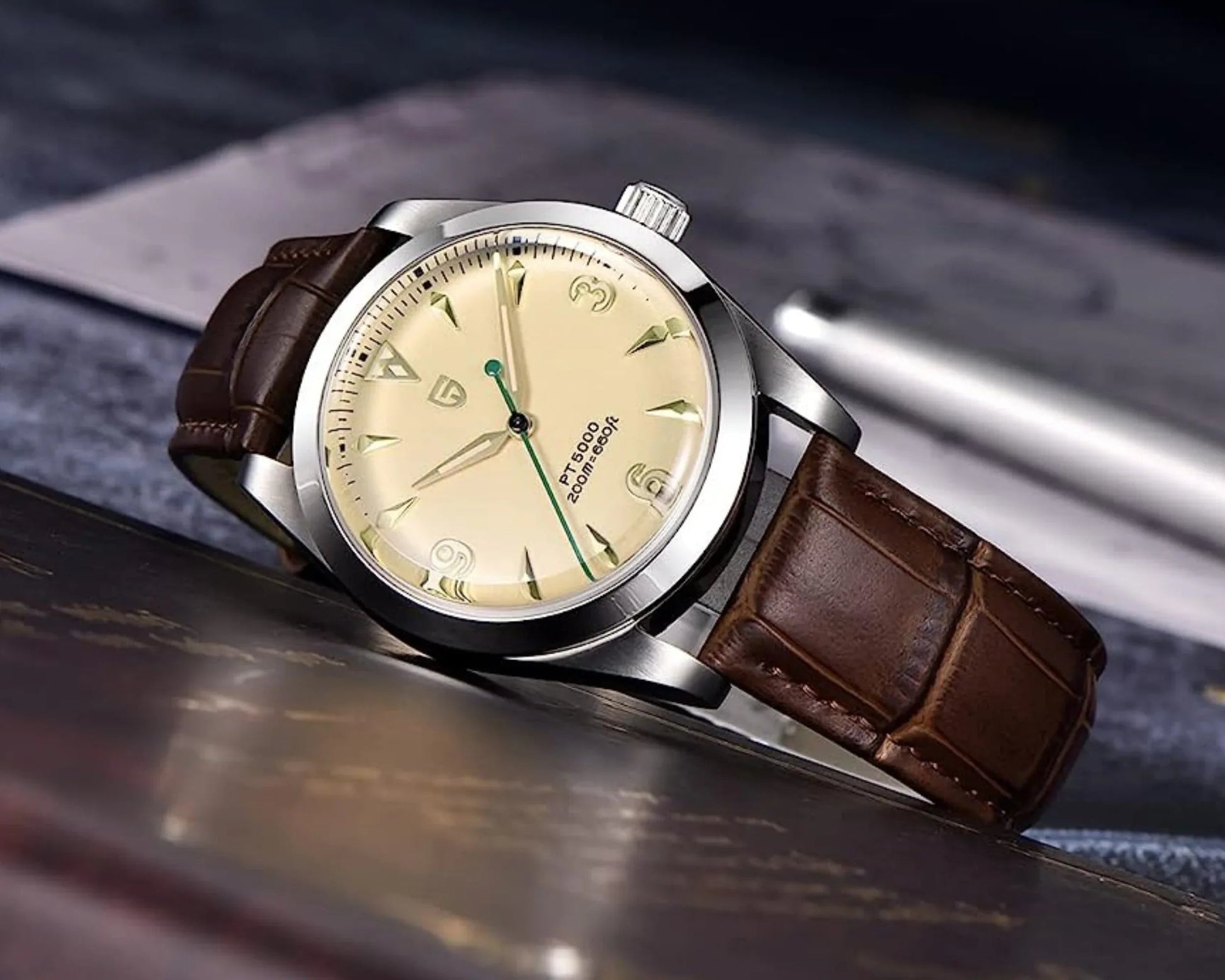 Pagani Design PD-1723 Air King 36 mm 200 m Waterproof PT5000 Automatic Mechanical Watch AR Sapphire crystal Luminous Stainless steel Business Watch - Salmon Dial with Leather Strap - DREAM WATCHES