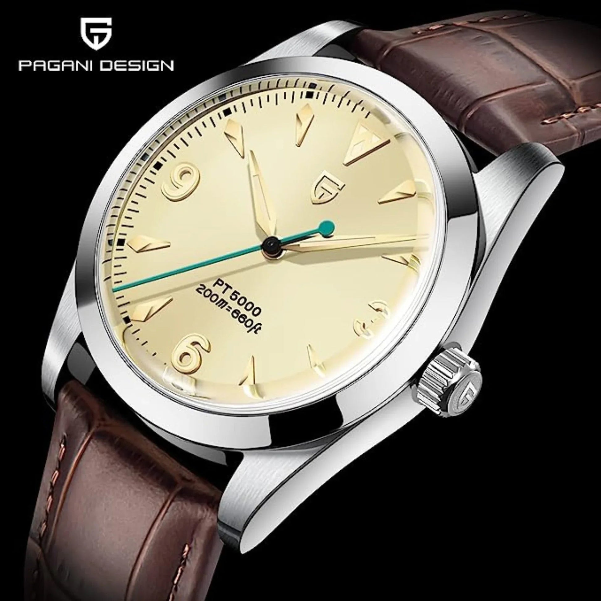 Pagani Design PD-1723 Air King 36 mm 200 m Waterproof PT5000 Automatic Mechanical Watch AR Sapphire crystal Luminous Stainless steel Business Watch - Salmon Dial with Leather Strap - DREAM WATCHES