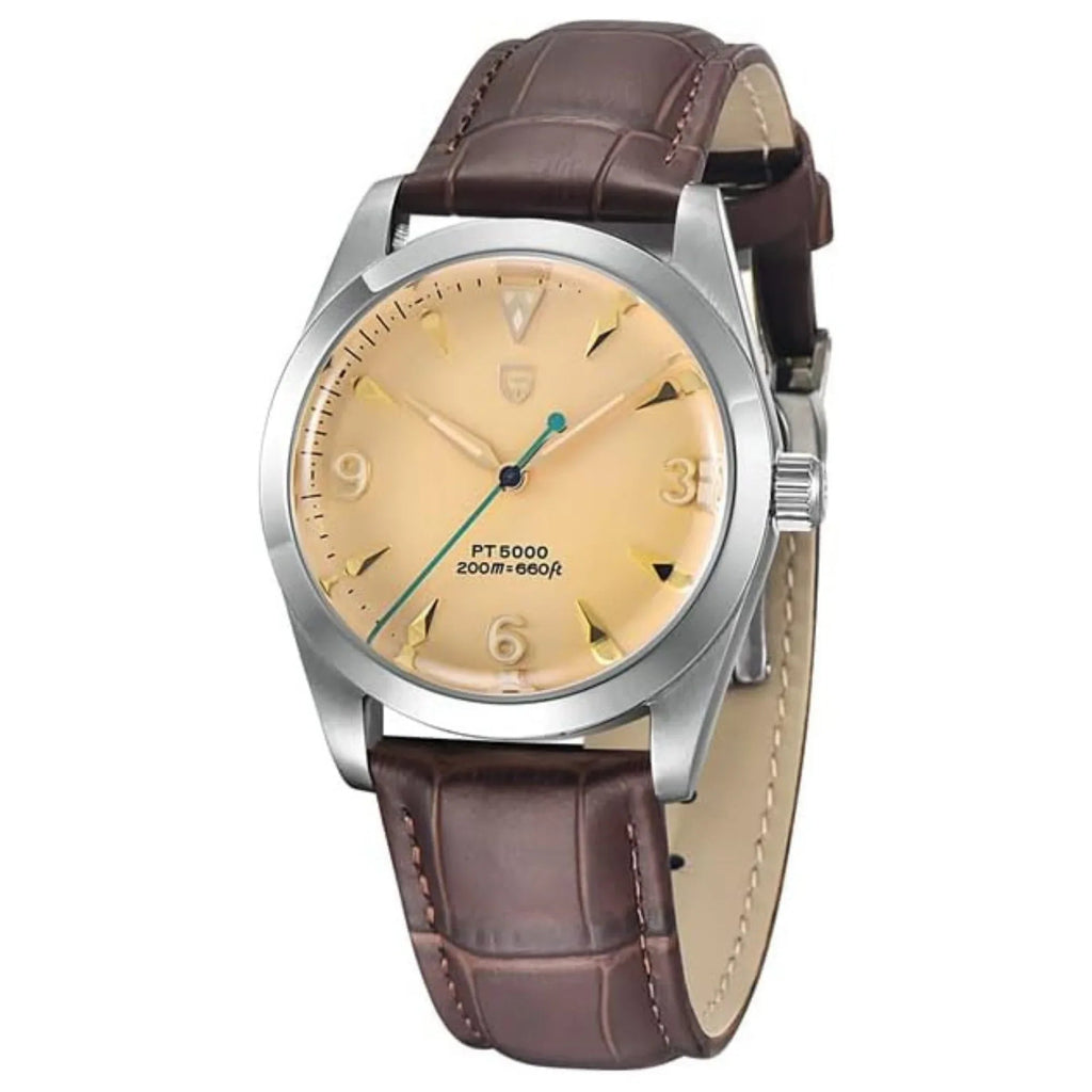 Pagani Design PD-1723 Air King 36 mm 200 m Waterproof PT5000 Automatic Mechanical Watch AR Sapphire crystal Luminous Stainless steel Business Watch - Salmon Dial with Leather Strap - DREAM WATCHES