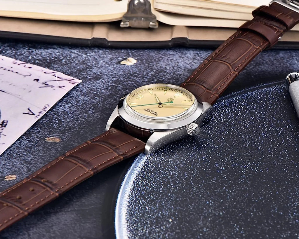 Pagani Design PD-1723 Air King 36 mm 200 m Waterproof PT5000 Automatic Mechanical Watch AR Sapphire crystal Luminous Stainless steel Business Watch - Salmon Dial with Leather Strap - DREAM WATCHES