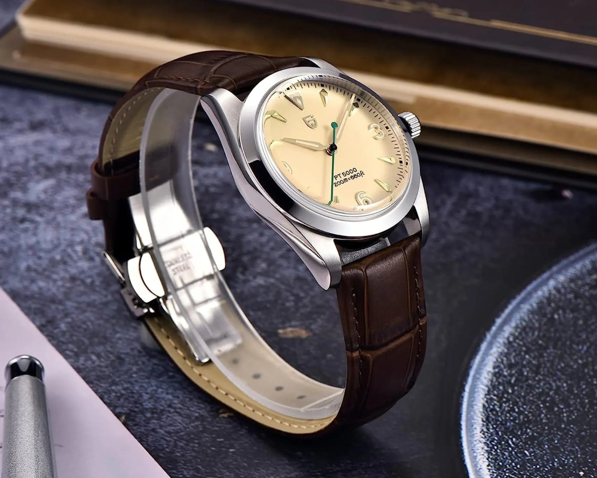 Pagani Design PD-1723 Air King 36 mm 200 m Waterproof PT5000 Automatic Mechanical Watch AR Sapphire crystal Luminous Stainless steel Business Watch - Salmon Dial with Leather Strap - DREAM WATCHES