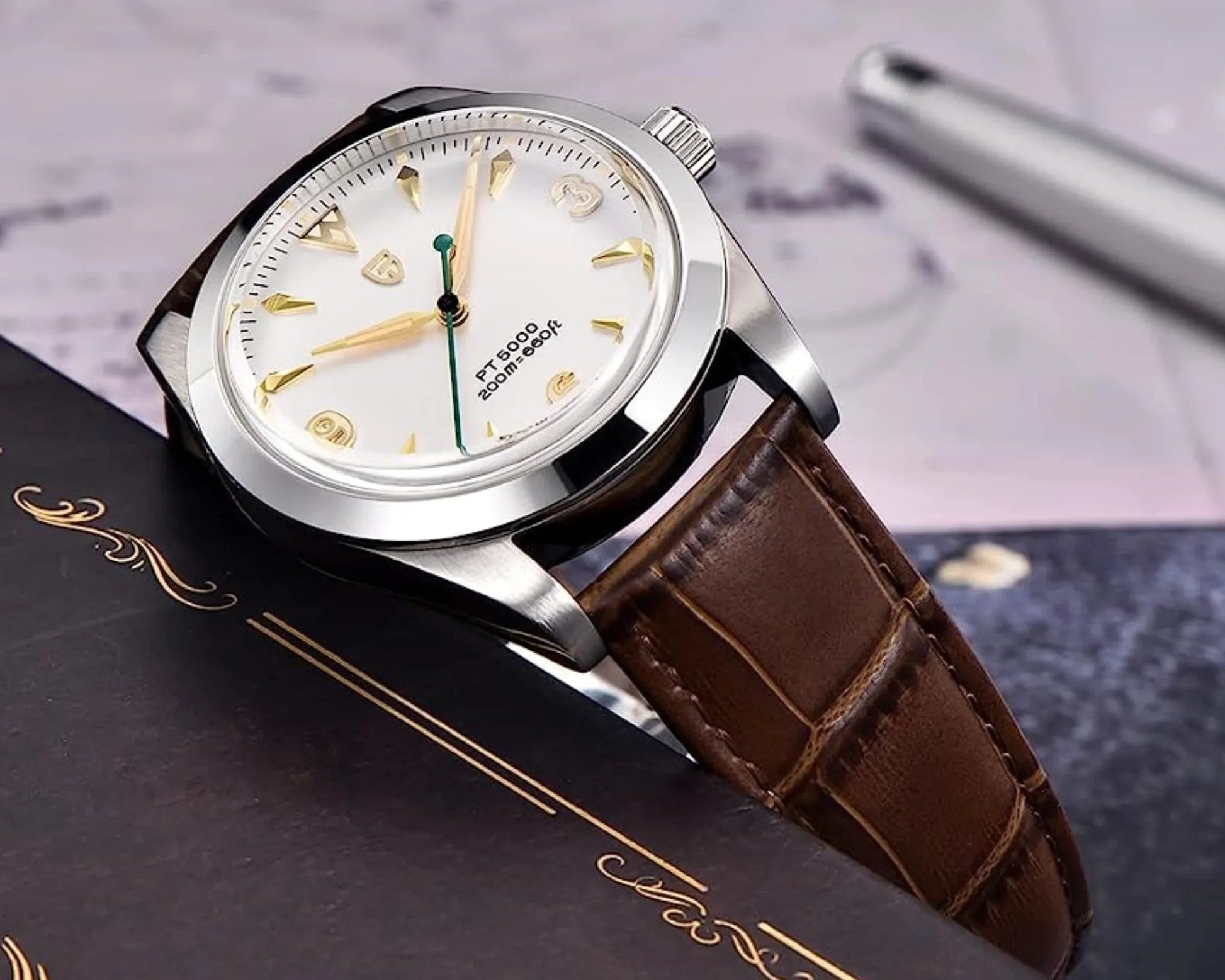 Pagani Design PD-1723 Air King 36 mm 200 m Waterproof PT5000 Automatic Mechanical Watch AR Sapphire crystal Luminous Stainless steel Business Watch - White Dial with Leather Strap - DREAM WATCHES