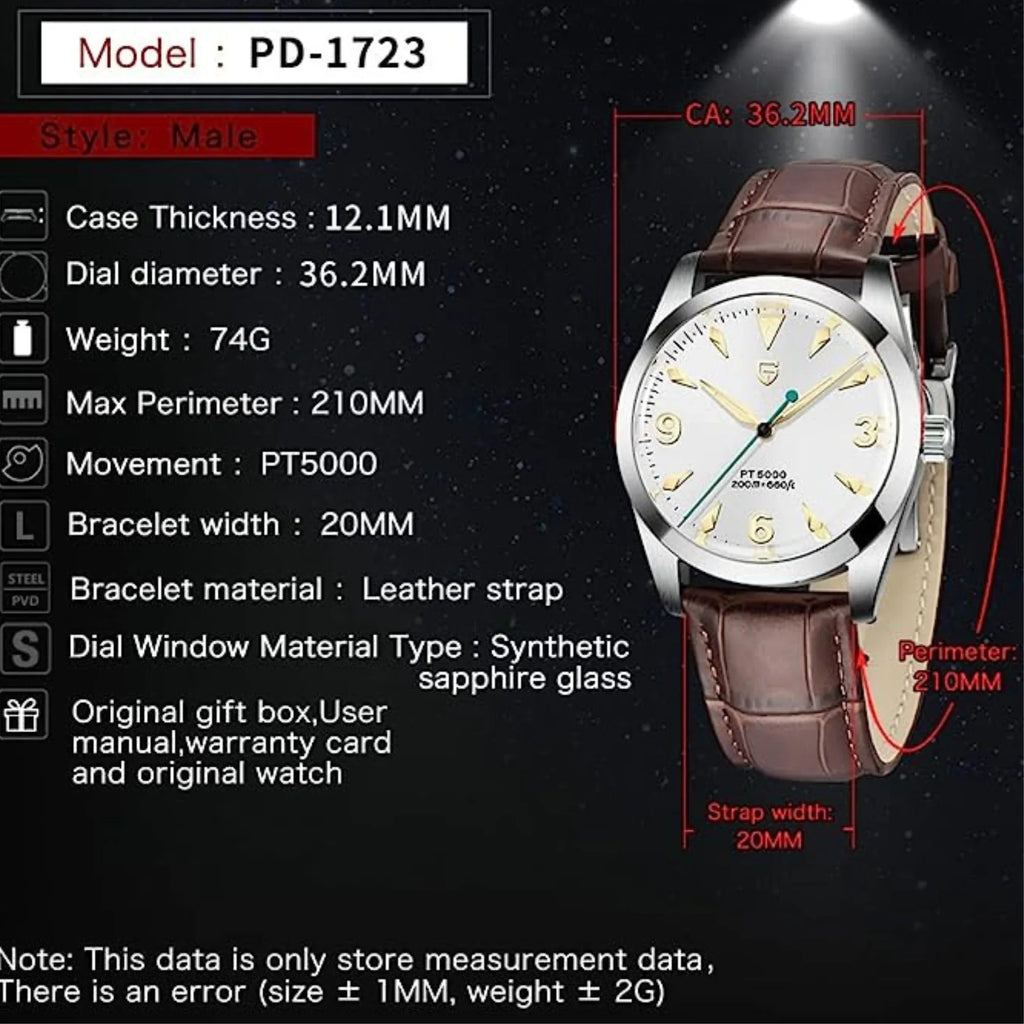 Pagani Design PD-1723 Air King 36 mm 200 m Waterproof PT5000 Automatic Mechanical Watch AR Sapphire crystal Luminous Stainless steel Business Watch - White Dial with Leather Strap - DREAM WATCHES