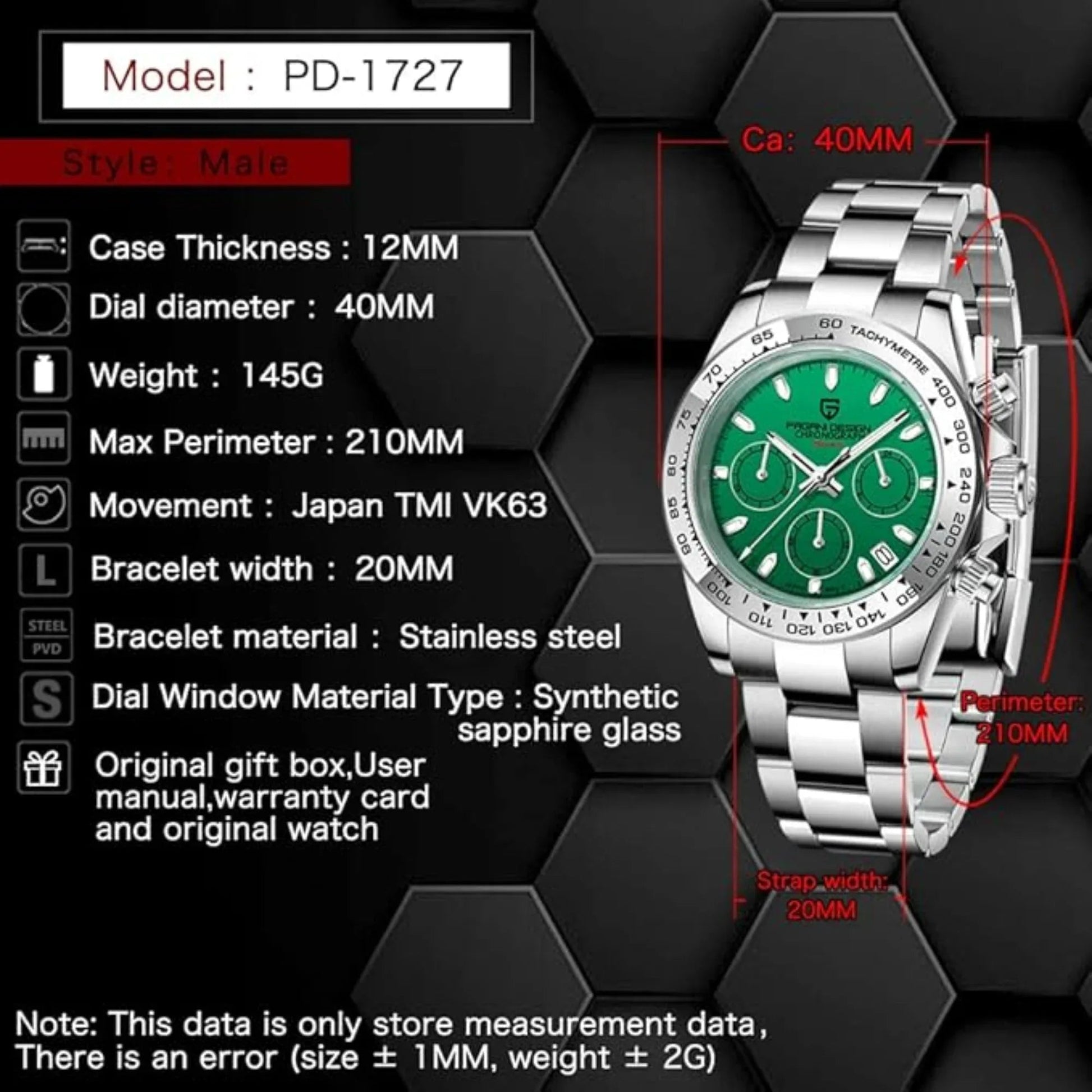 PAGANI DESIGN PD-1727 Men's Waterproof Chronograph Diver with sapphire crystal and Date functionality - Green Dial - DREAM WATCHES