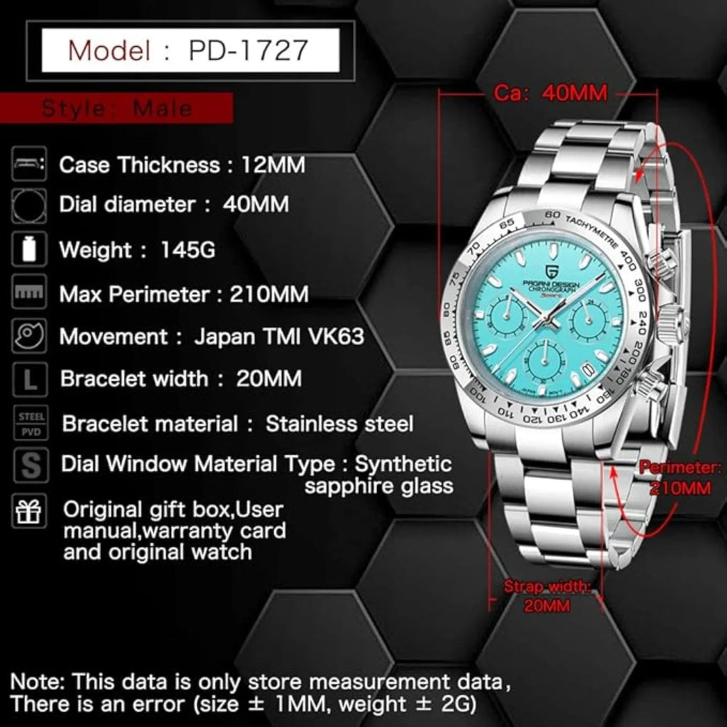 PAGANI DESIGN PD-1727 Men's Waterproof Chronograph Diver with sapphire crystal and Date functionality - Ice Blue Dial - DREAM WATCHES