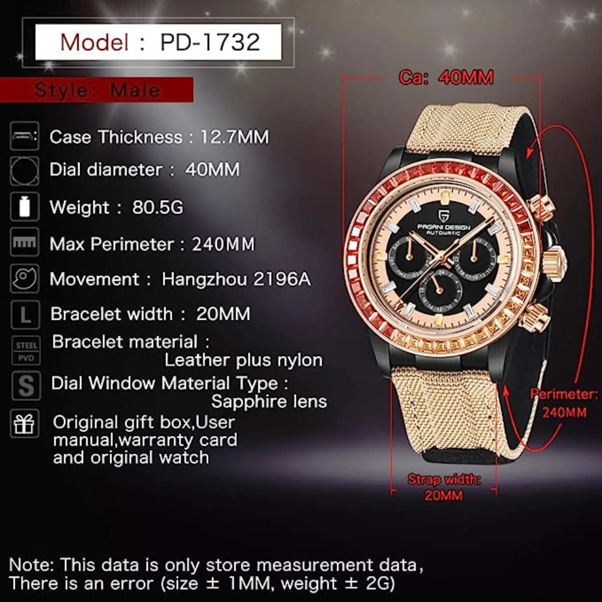 Pagani Design PD-1732 Watches for Men Luxury Automatic Mechanical Watch 40mm Rainbow Bezel Casual Fashion Sport Chronograph Wristwatches Waterproof 200M - Brown - DREAM WATCHES