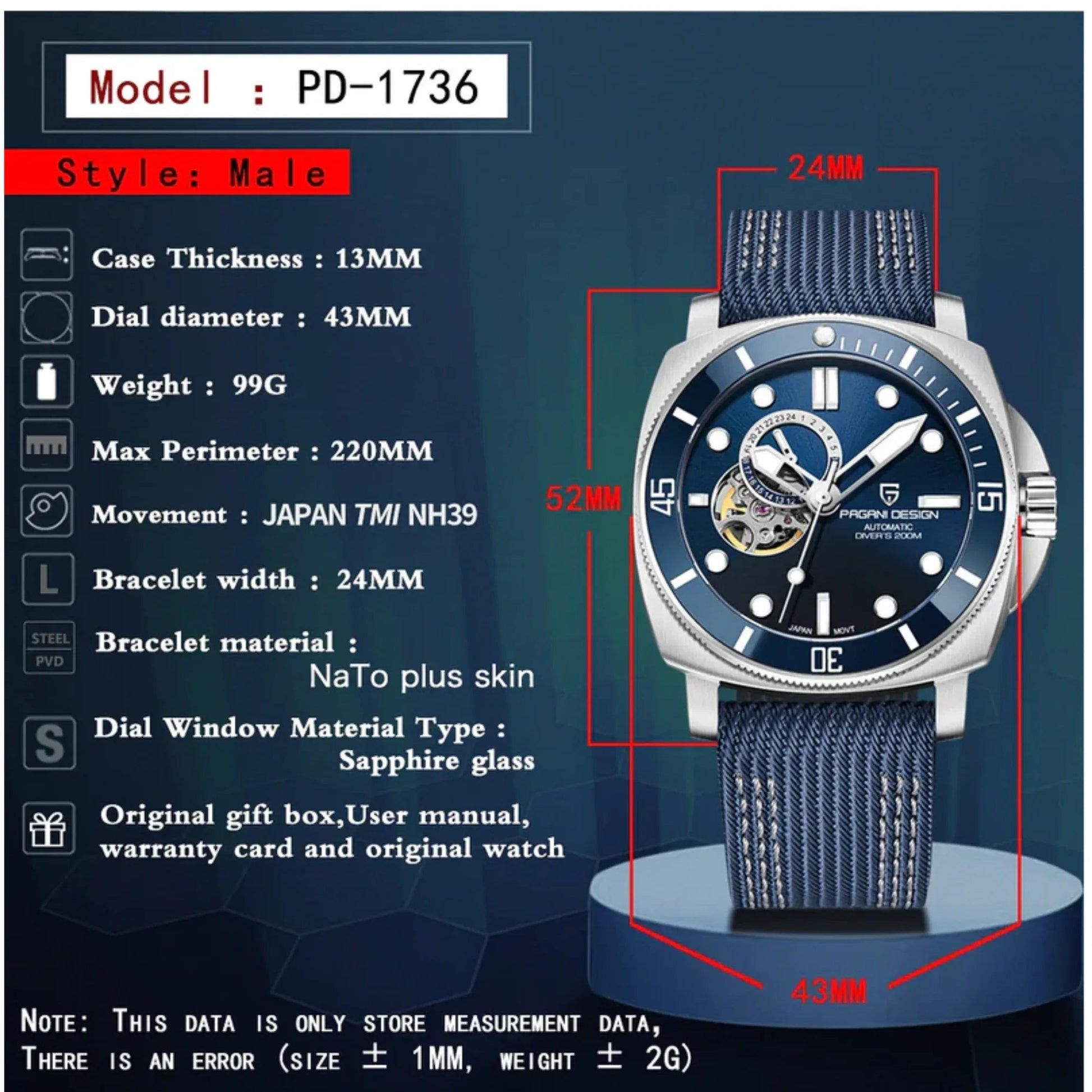 Pagani Design PD-1736 Mechanical Automatic Stainless Steel Men's 43MM Watch (Blue Dial) - DREAM WATCHES