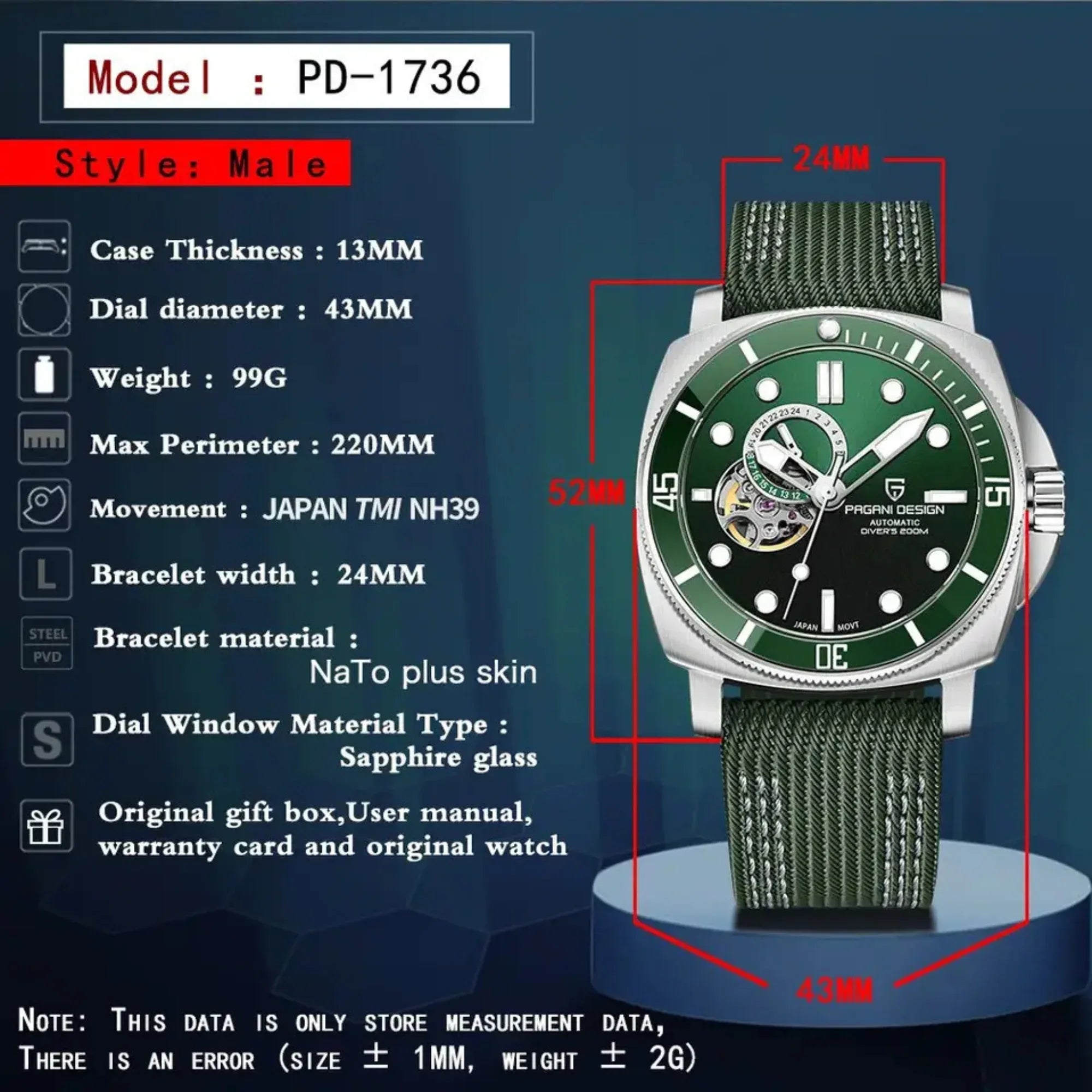 Pagani Design PD-1736 Mechanical Automatic Stainless Steel Men's 43MM Watch (Green Dial) - DREAM WATCHES