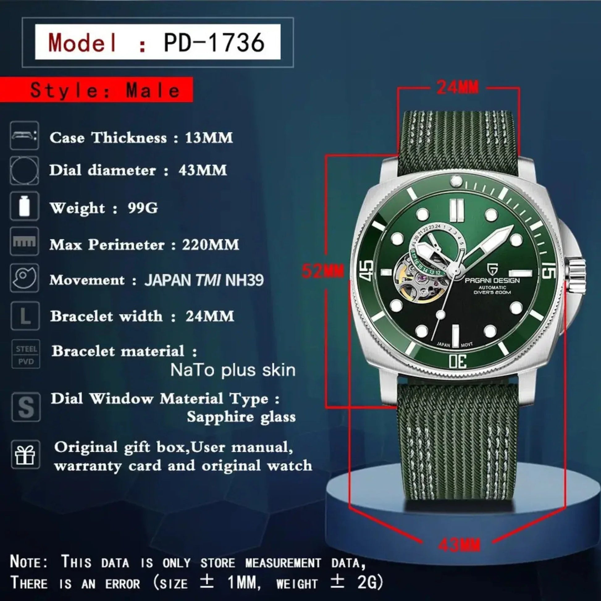 Pagani Design PD-1736 Mechanical Automatic Stainless Steel Men's 43MM Watch (Green Dial) - DREAM WATCHES