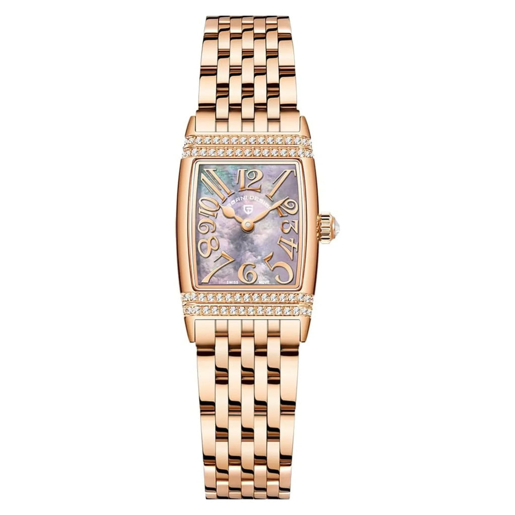 Pagani Design PD-1737 Women's Quartz Watches 22mm with Stone Set Rectangle Case, Analogue Display and Stainless Steel Ladies Watch - Gold MOP Purple - DREAM WATCHES