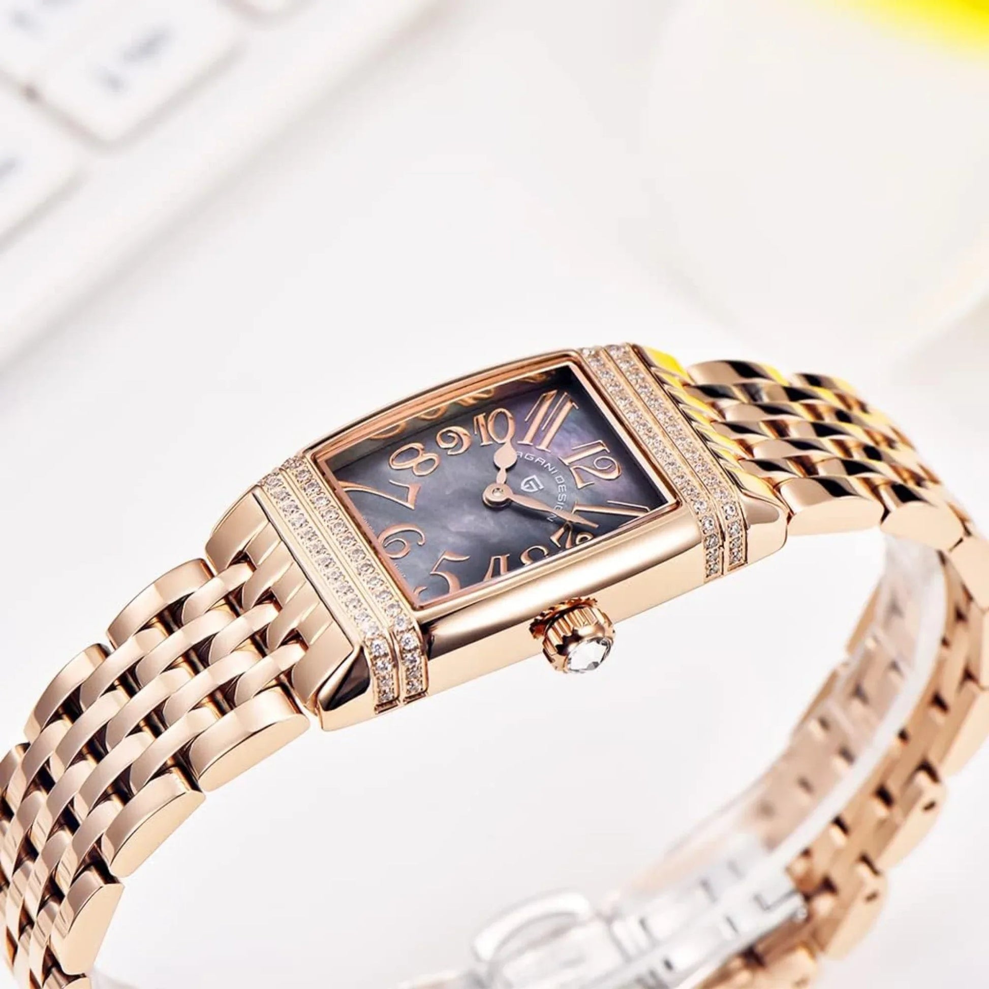 Pagani Design PD-1737 Women's Quartz Watches 22mm with Stone Set Rectangle Case, Analogue Display and Stainless Steel Ladies Watch - Gold MOP Purple - DREAM WATCHES