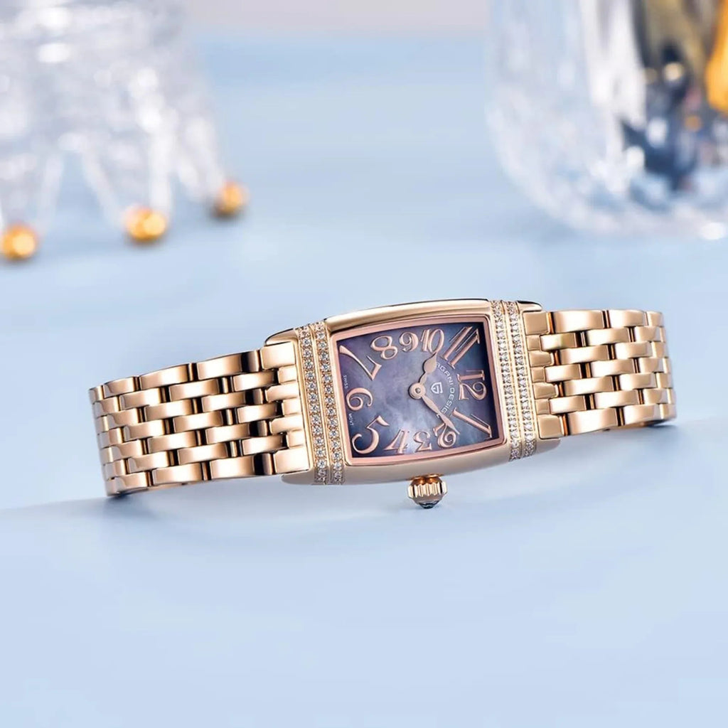 Pagani Design PD-1737 Women's Quartz Watches 22mm with Stone Set Rectangle Case, Analogue Display and Stainless Steel Ladies Watch - Gold MOP Purple - DREAM WATCHES